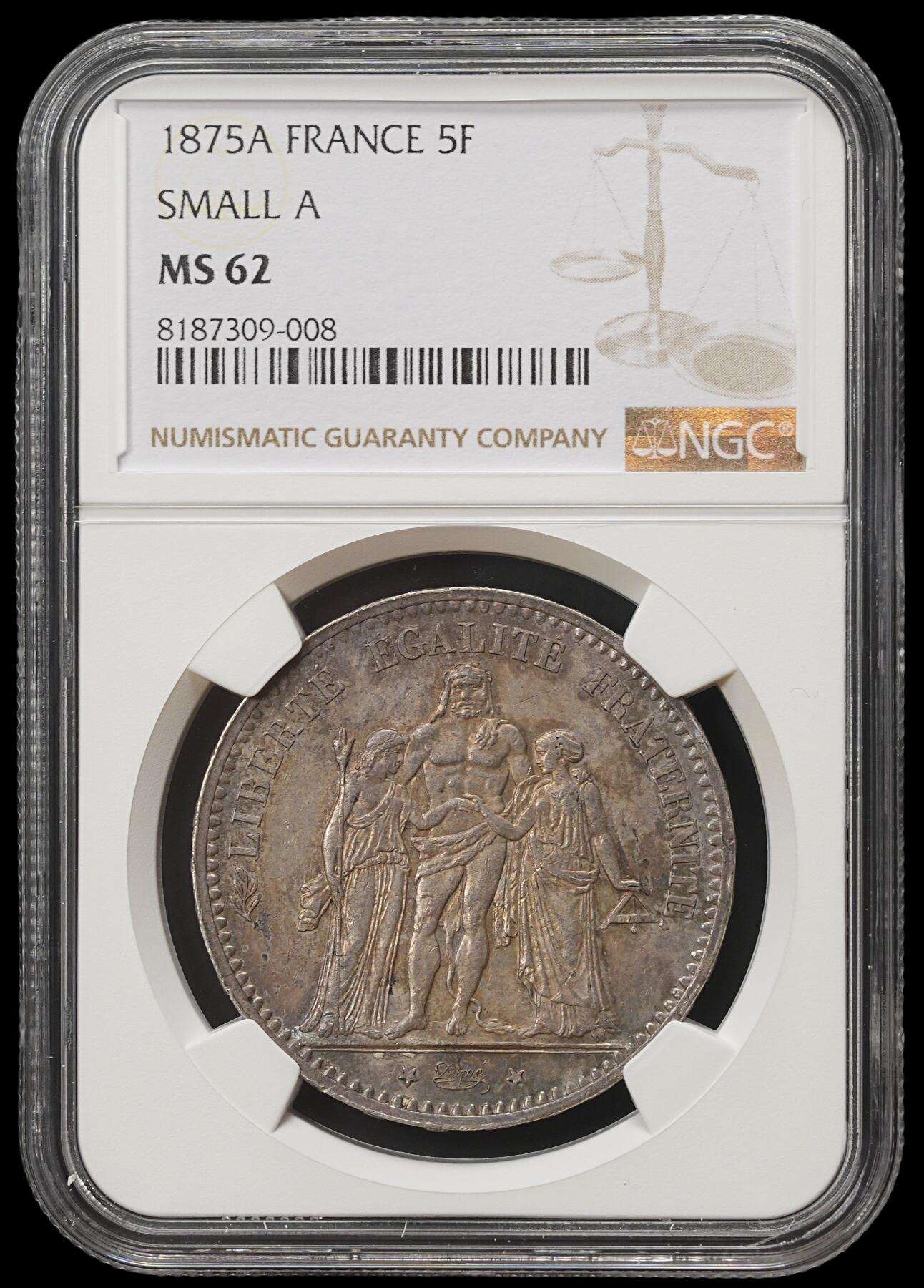 修遠堂世界钱币第四十一期 全场包邮 NGC MS62 1875年法国大力神5法郎大银币 A厂铭