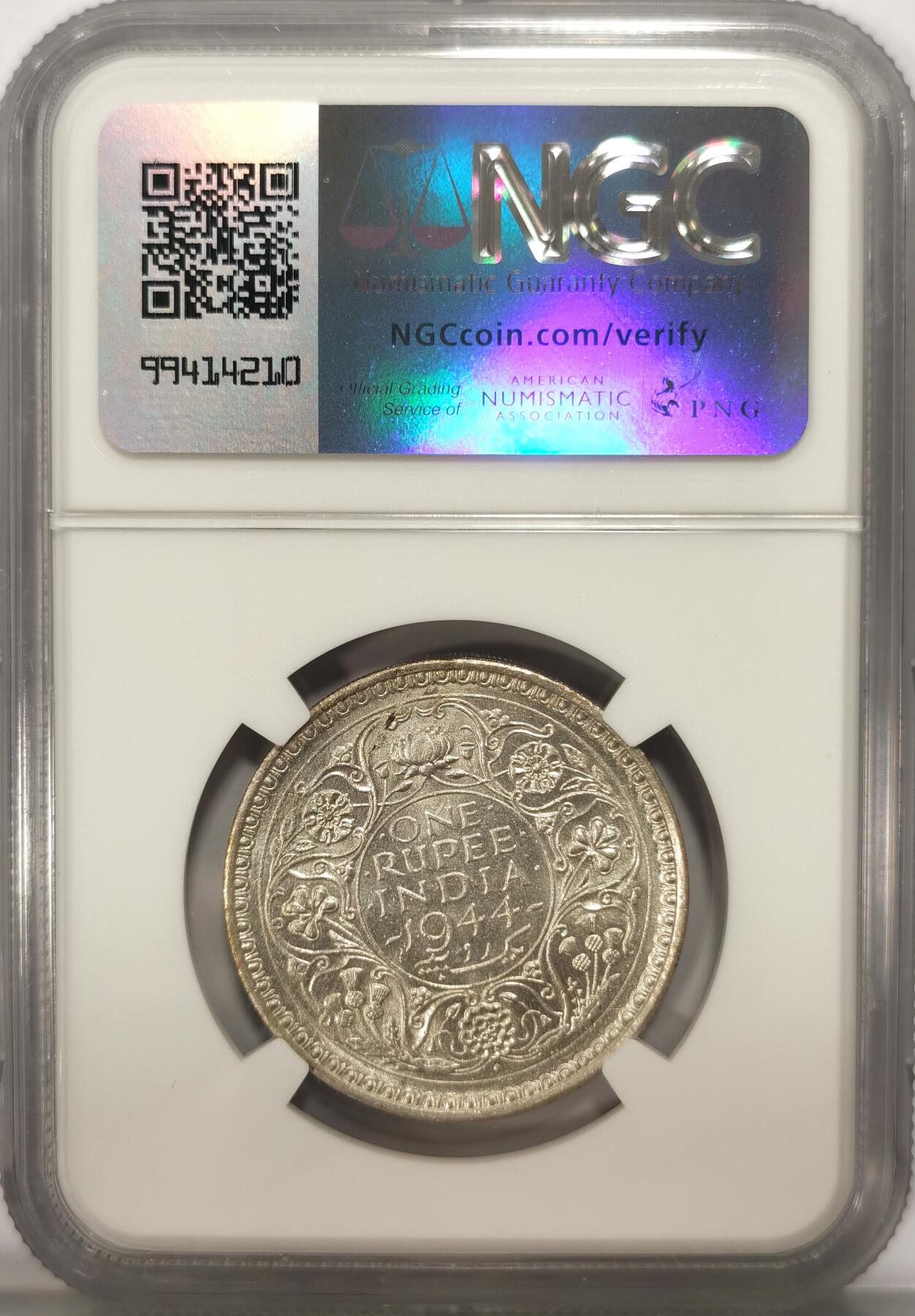 博洋堂世界钱币拍卖第093期（全场包邮） NGC MS62 英属印度1944年B版乔治六世1卢比银币，BU原卷