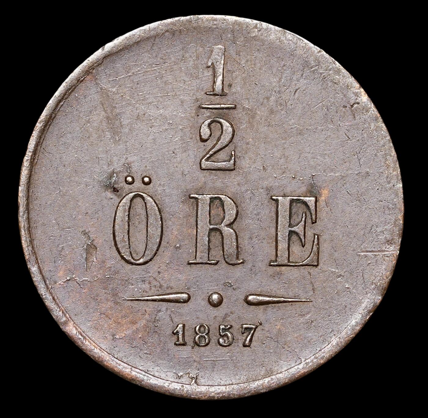 修遠堂世界钱币第四十一期 全场包邮 1857年瑞典1/2欧尔铜币