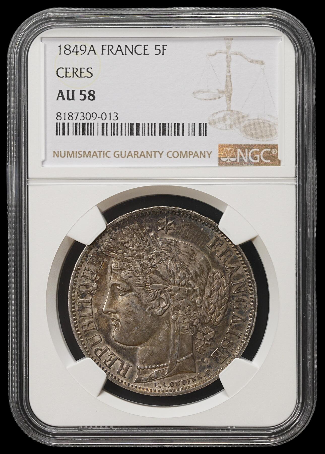 修遠堂世界钱币第四十一期 全场包邮 NGC AU58 1849年法国谷物女神5法郎大银币 A厂铭