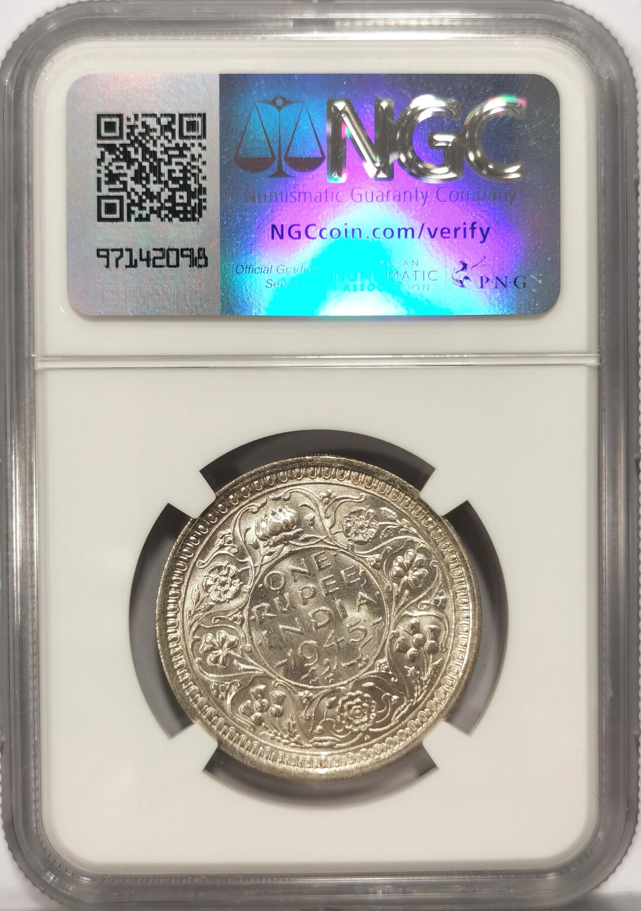 博洋堂世界钱币拍卖第093期（全场包邮） NGC MS63 英属印度1945年B版乔治六世1卢比银币，BU原卷