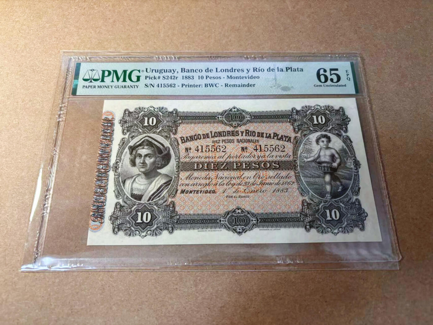 【Blue Auction】✨世界纸币精拍第552期【精】 乌拉圭 1883年10比索 BWC出品 哥伦布 PMG65EPQ 