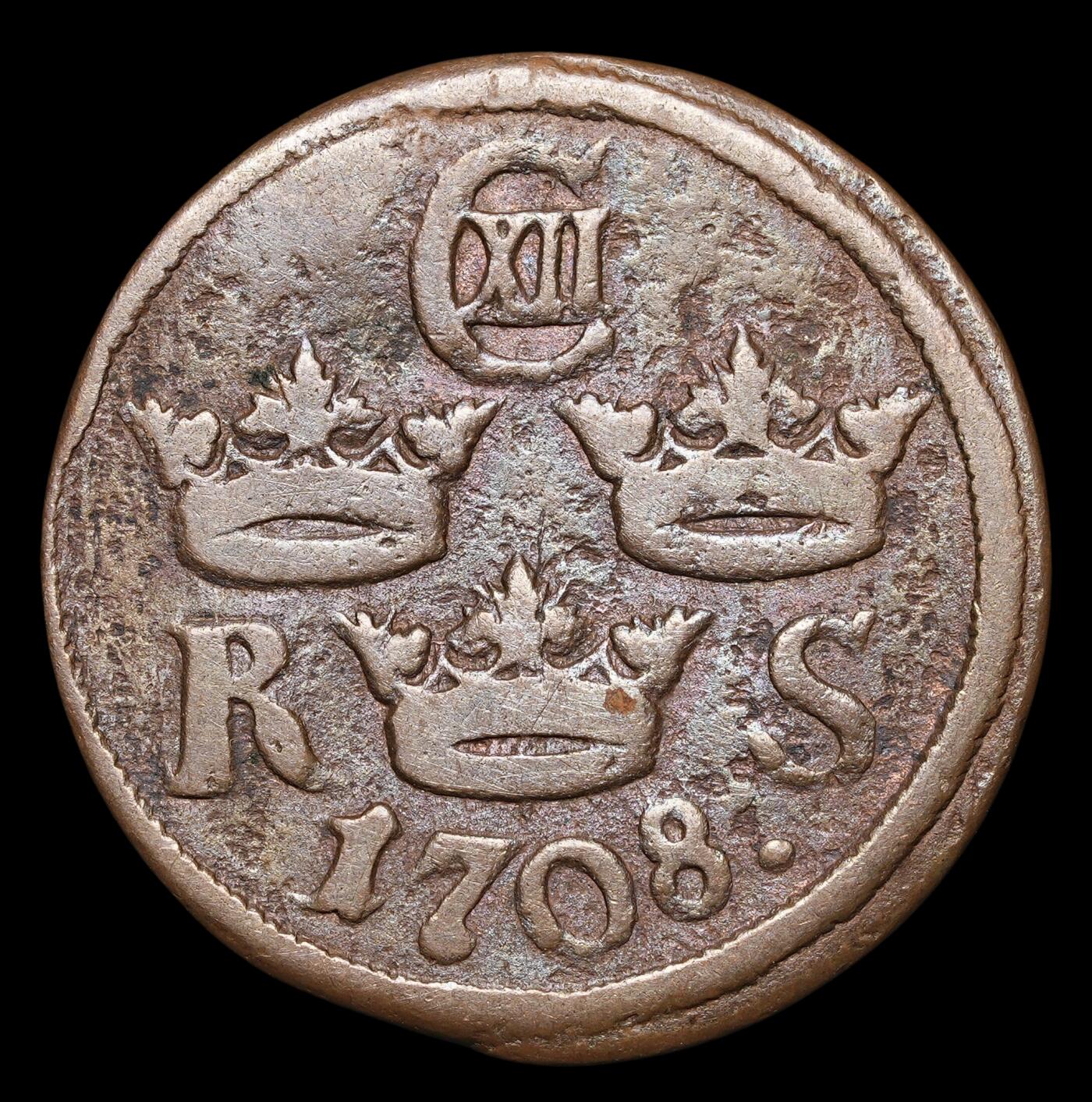 修遠堂世界钱币第四十一期 全场包邮 1708年瑞典1/6欧尔铜币 5.23g