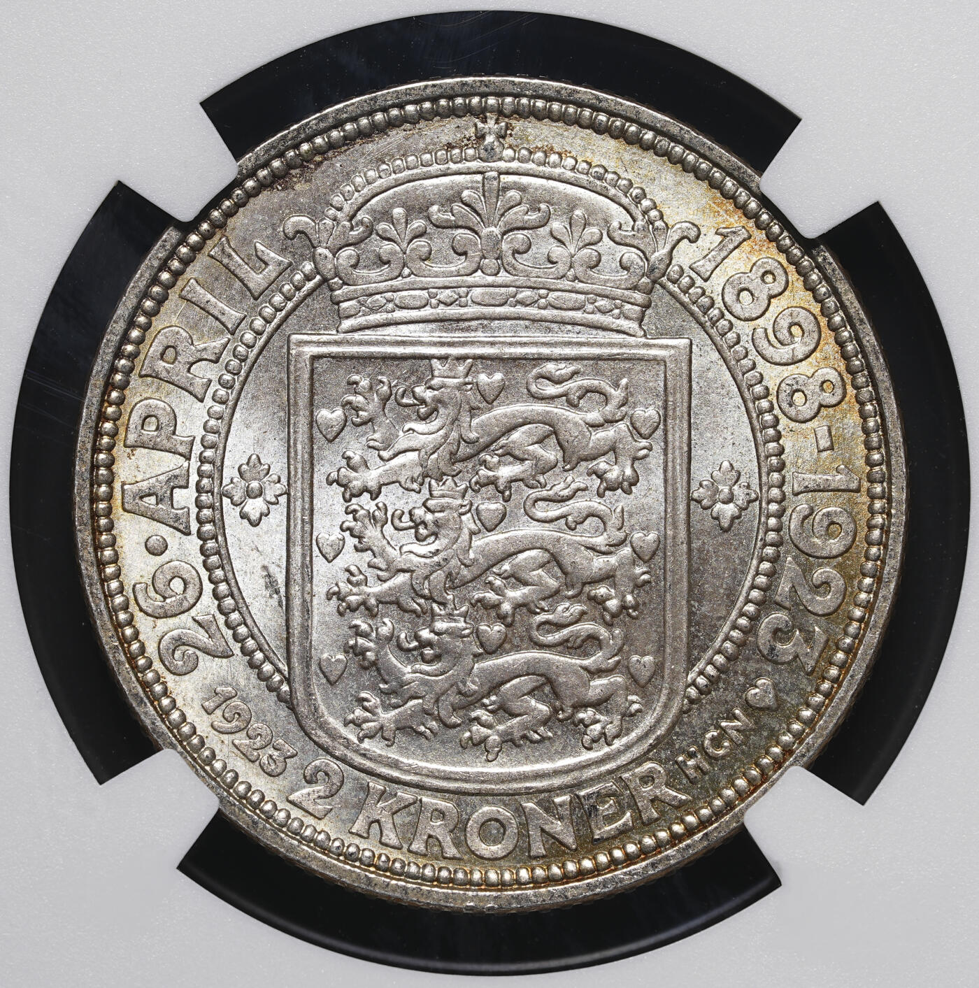 修遠堂世界钱币第四十一期 全场包邮 NGC MS65 1923年丹麦国王银婚纪念2克朗银币