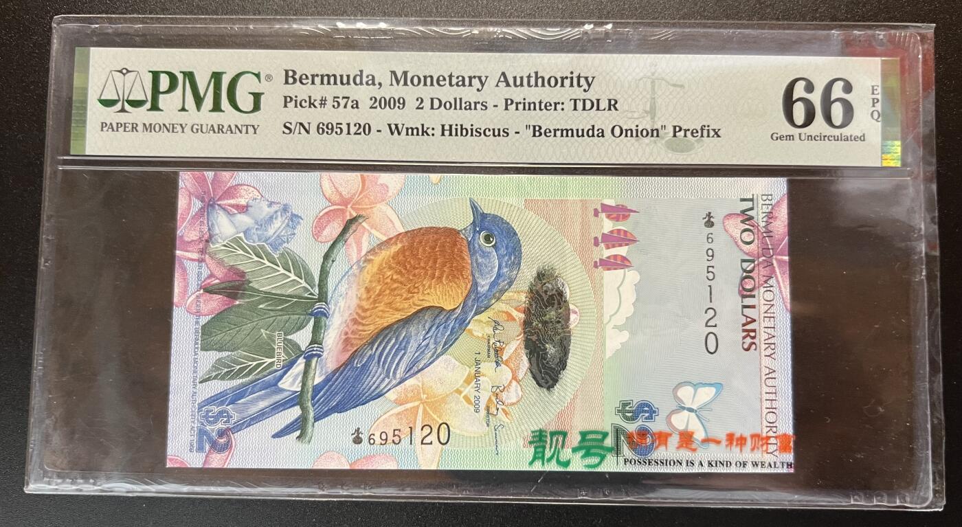 珑诚汇·乐淘淘 世界纸币拍卖 第29期 【695120】百慕大2009年纸币 2元 首发洋葱冠 无四七 获奖鸟钞 PMG66EPQ
