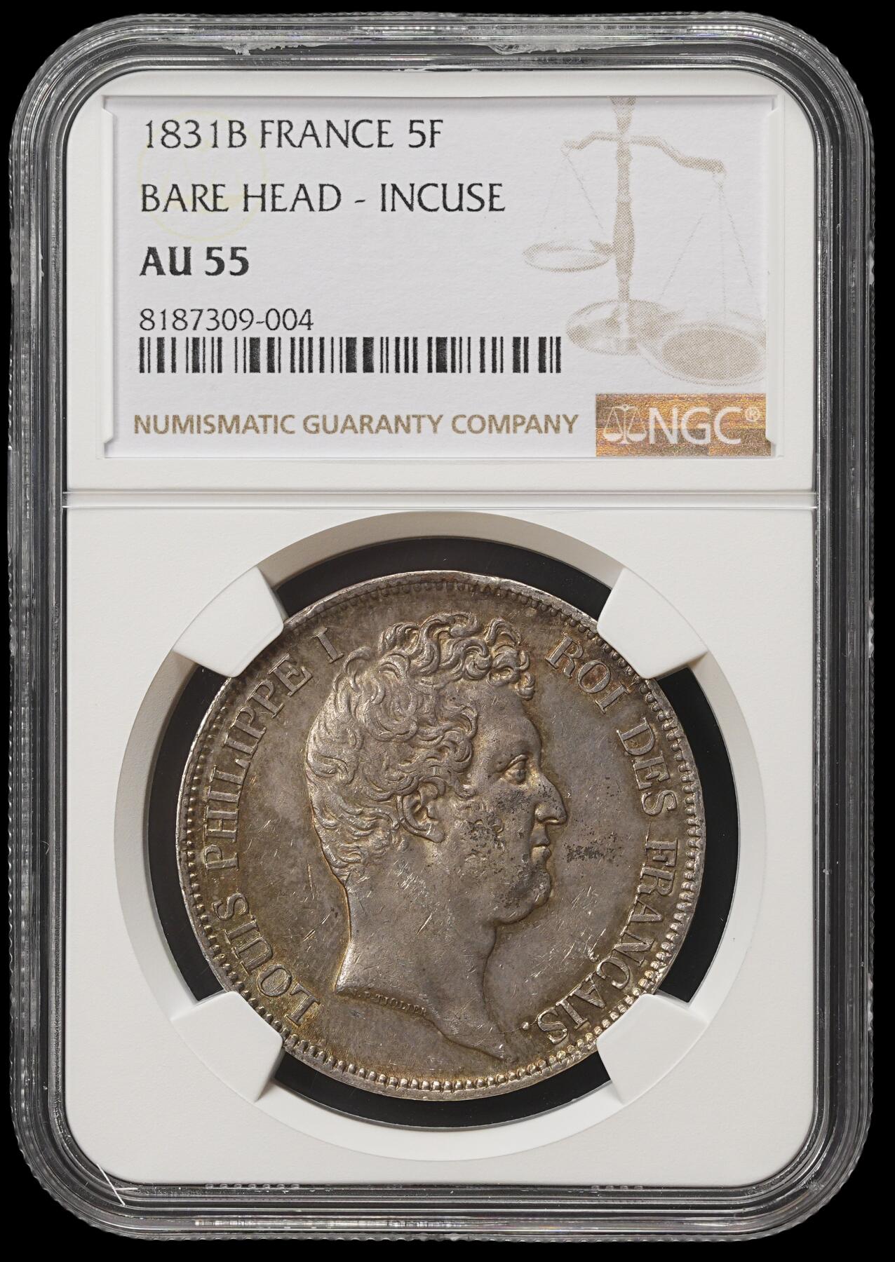 修遠堂世界钱币第四十一期 全场包邮 NGC AU55 1831年法国5法郎大银币 五彩包浆 少见小头像版 B厂铭