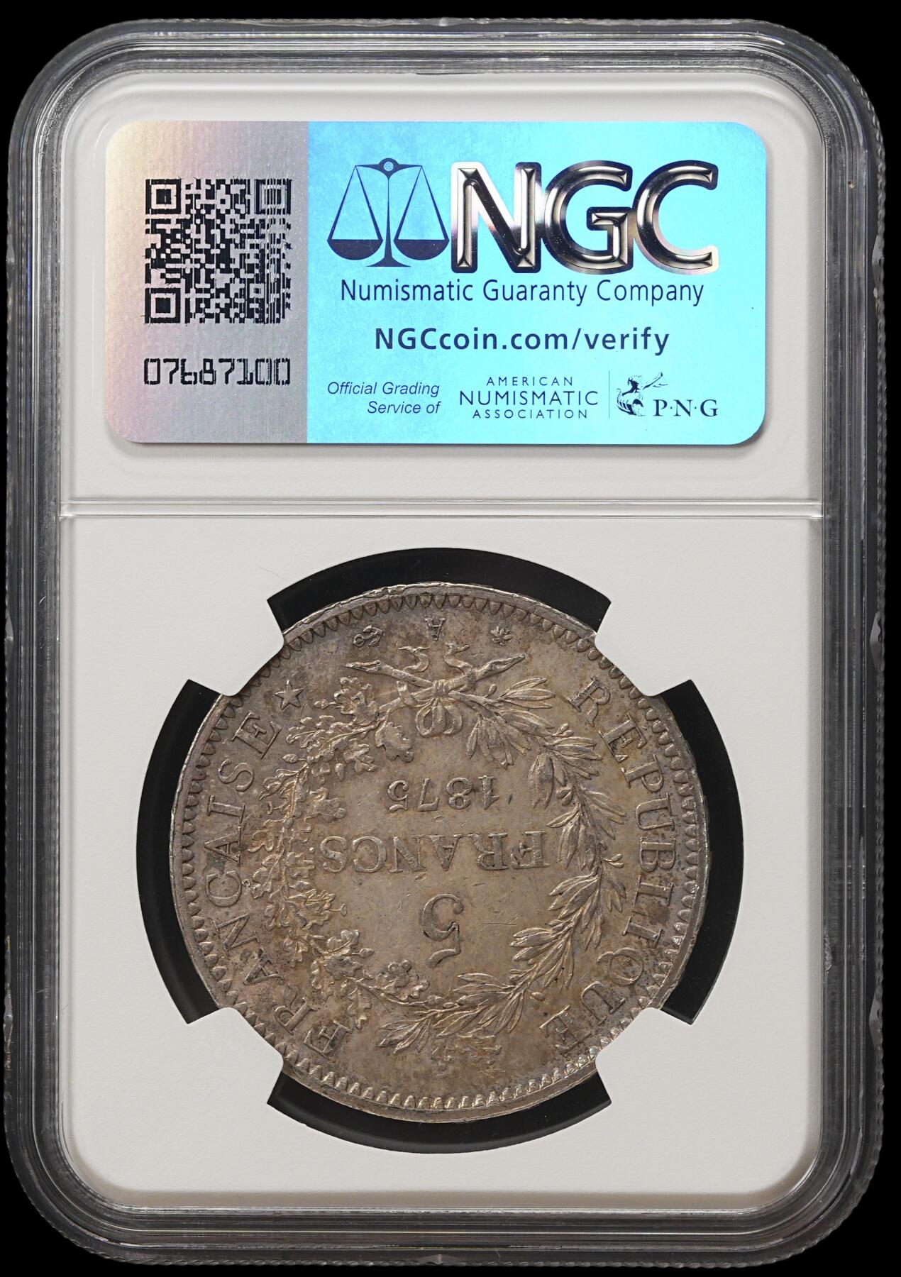 修遠堂世界钱币第四十一期 全场包邮 NGC MS62 1875年法国大力神5法郎大银币 A厂铭