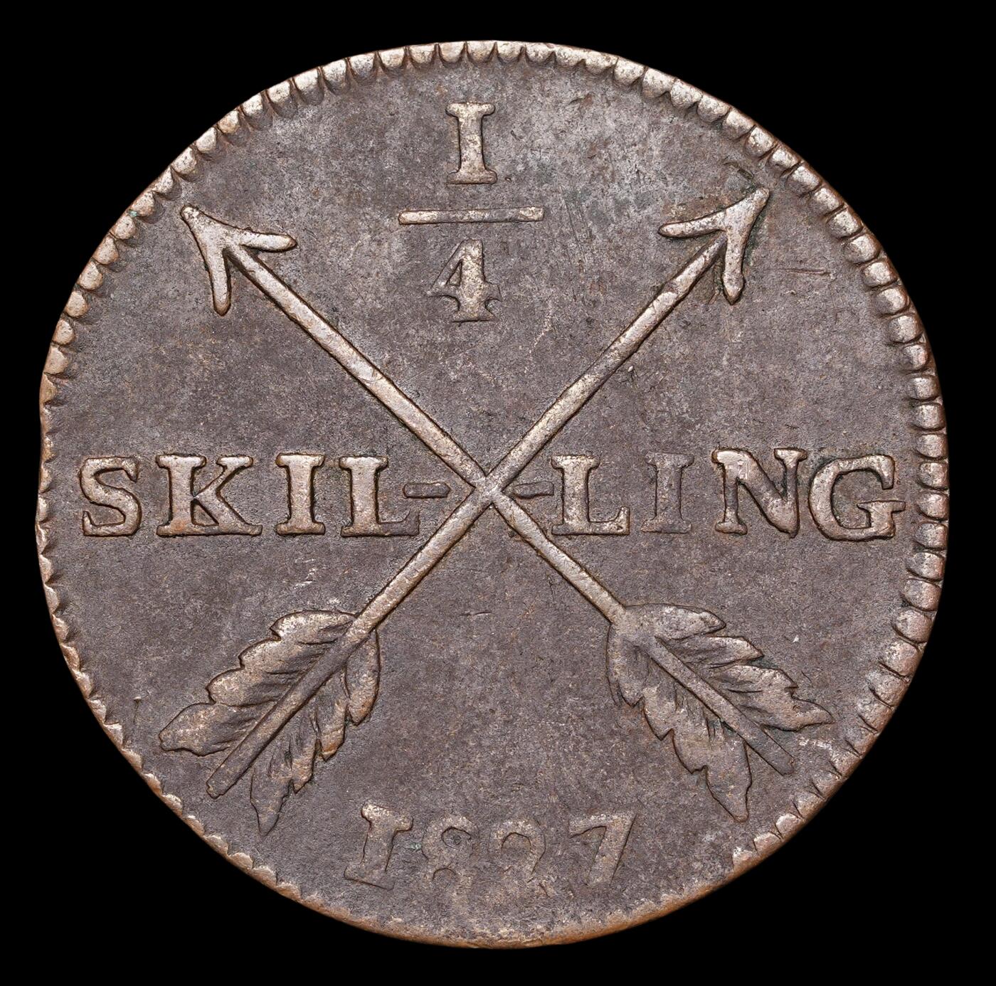 修遠堂世界钱币第四十一期 全场包邮 1827年瑞典1/4 SKILLING铜币 3.71g