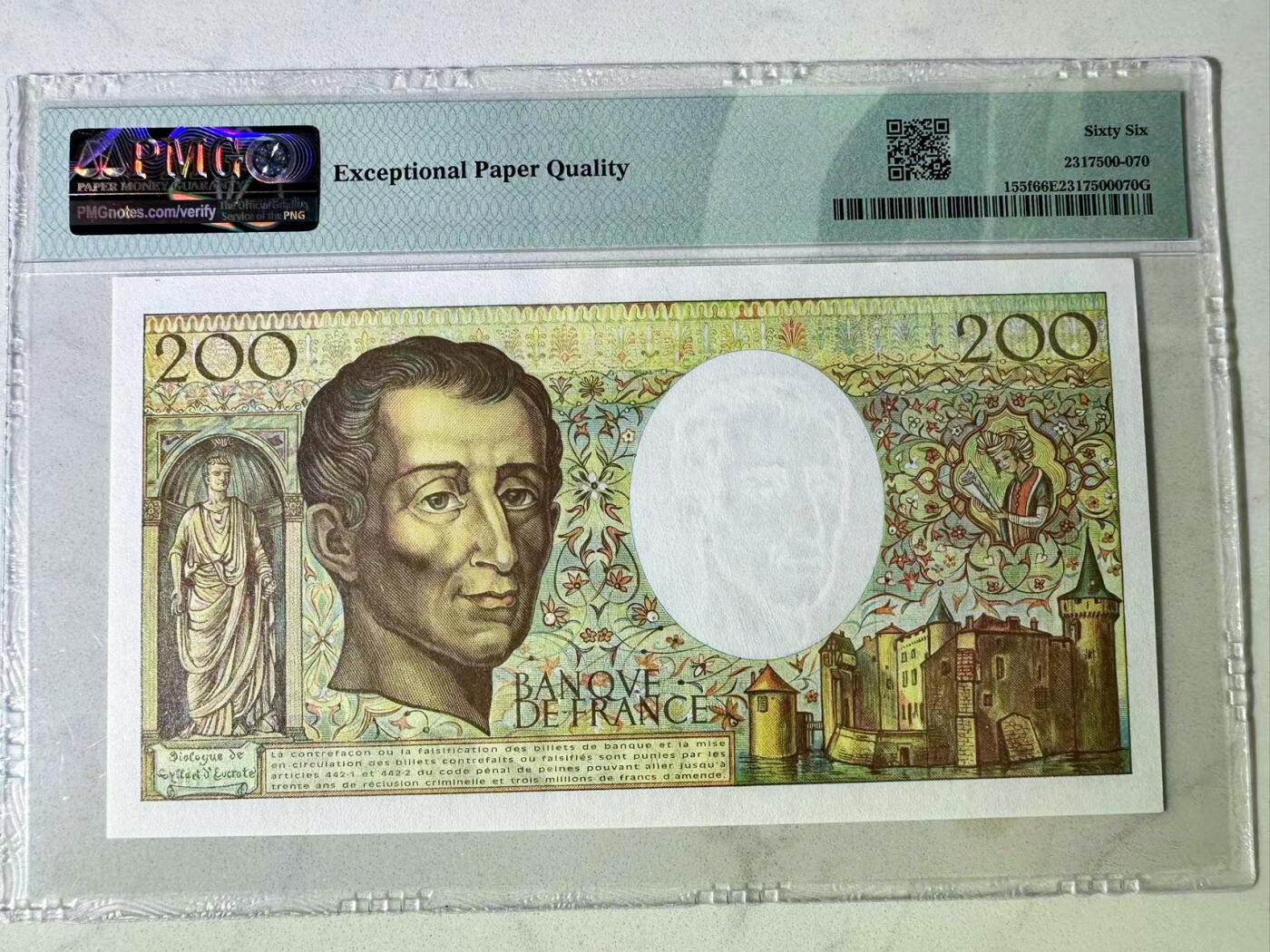 【Blue Auction】✨世界纸币精拍第552期【精】 法国 1994年200法郎 PMG66EPQ 孟德斯鸠