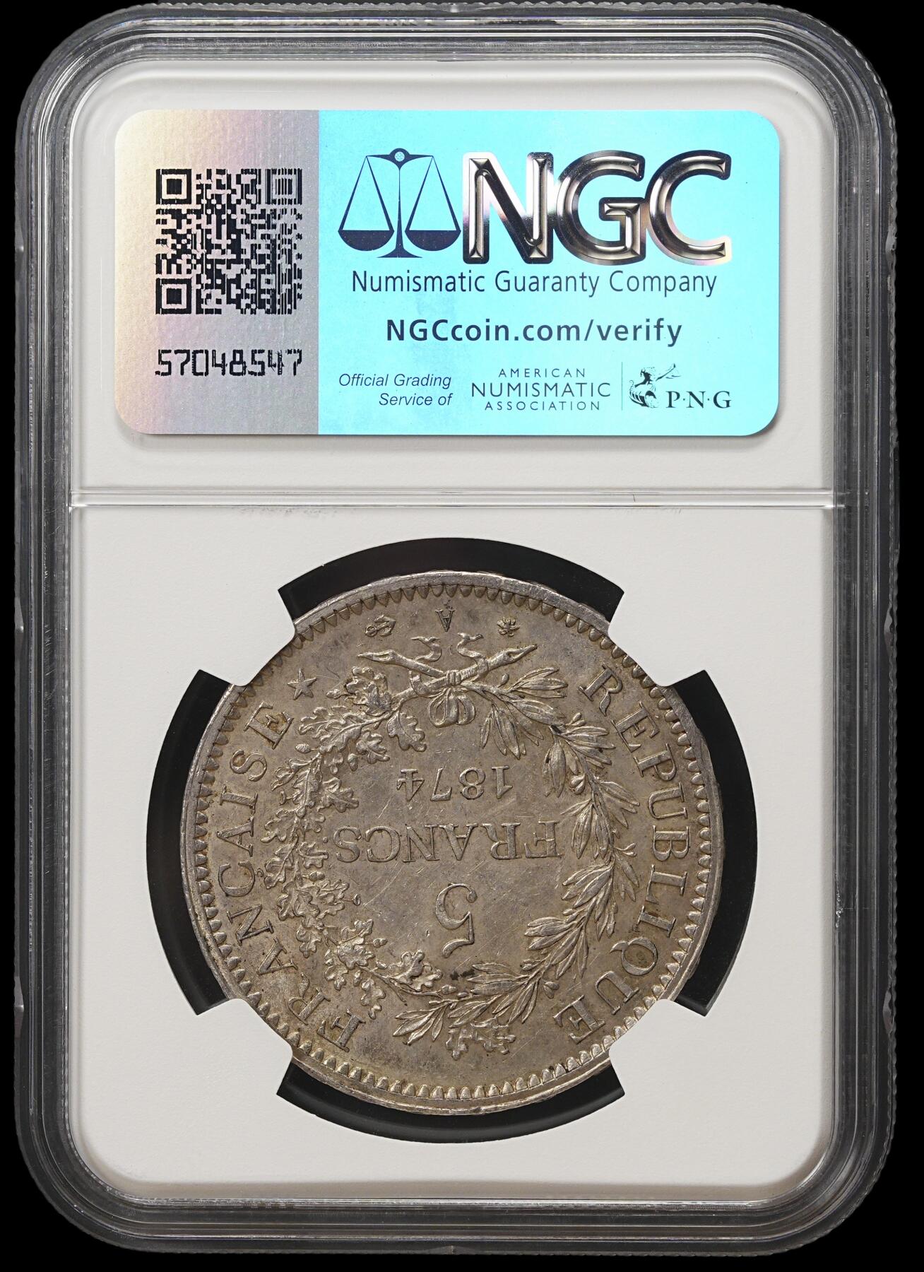 修遠堂世界钱币第四十一期 全场包邮 NGC MS62 1874年法国大力神5法郎大银币 A厂铭