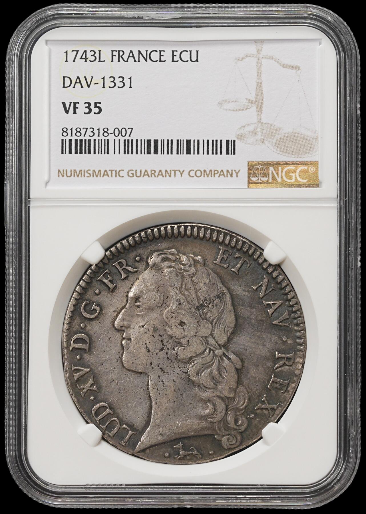 修遠堂世界钱币第四十一期 全场包邮 NGC VF35 1743年法国1埃居大银币 路易十五 L厂铭