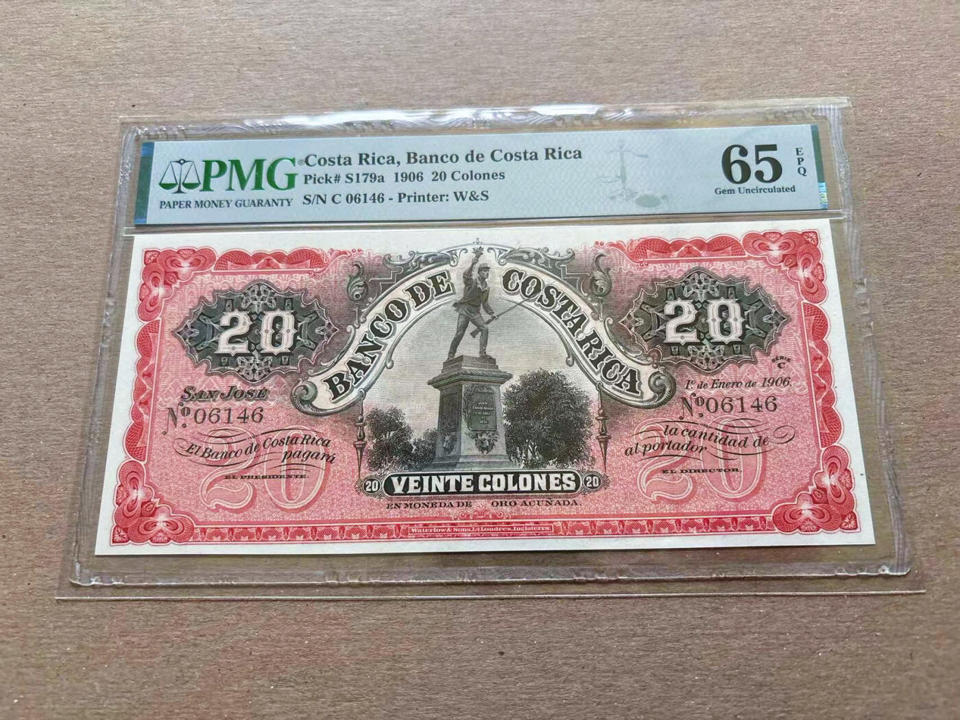 【Blue Auction】✨世界纸币精拍第552期【精】 哥斯达黎加 1906年20克朗 PMG65EPQ 大票幅 雕刻精美