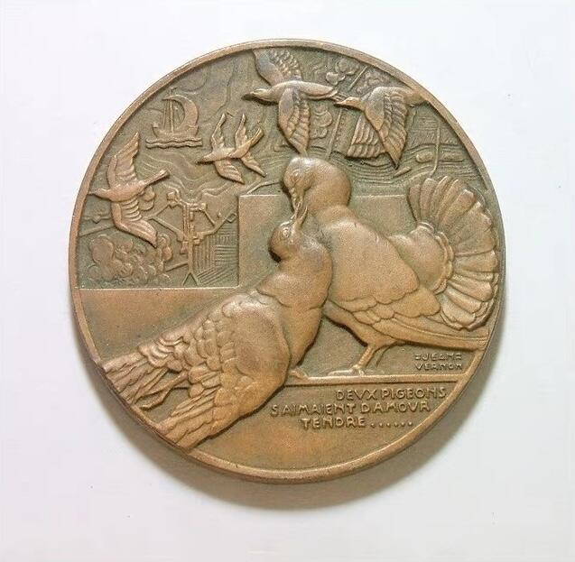 法国1900年前后 和平鸽高浮雕精制大铜章 40MM