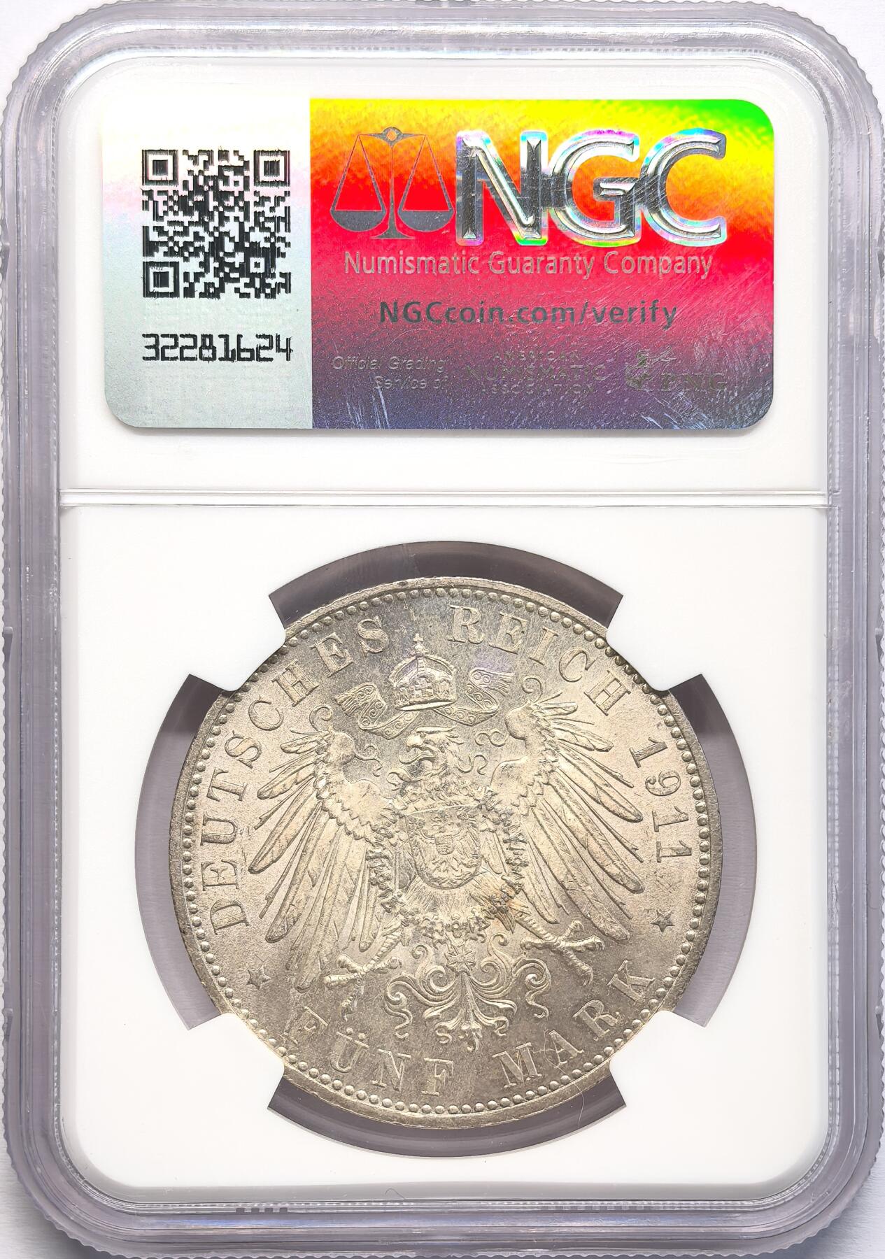 凡希社世界钱币第二百八十五期（秋季大拍②） 1911D巴伐利亚路德维希5马克大银NGC-MS64