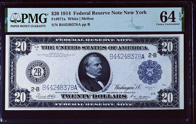 【Blue Auction】✨世界纸币精拍第553期【精】 - 【季军分】美国 1914年20美金 纽约版 正面人像克利夫兰是美国历史上唯一一位两度当选且任期不连续的总统（第22和24任）也是1934年1000美金纸币上人物 PMG64EPQ 全新原票 状态佳 背面自由女神像 各种交通工具 大票幅 雕刻精美