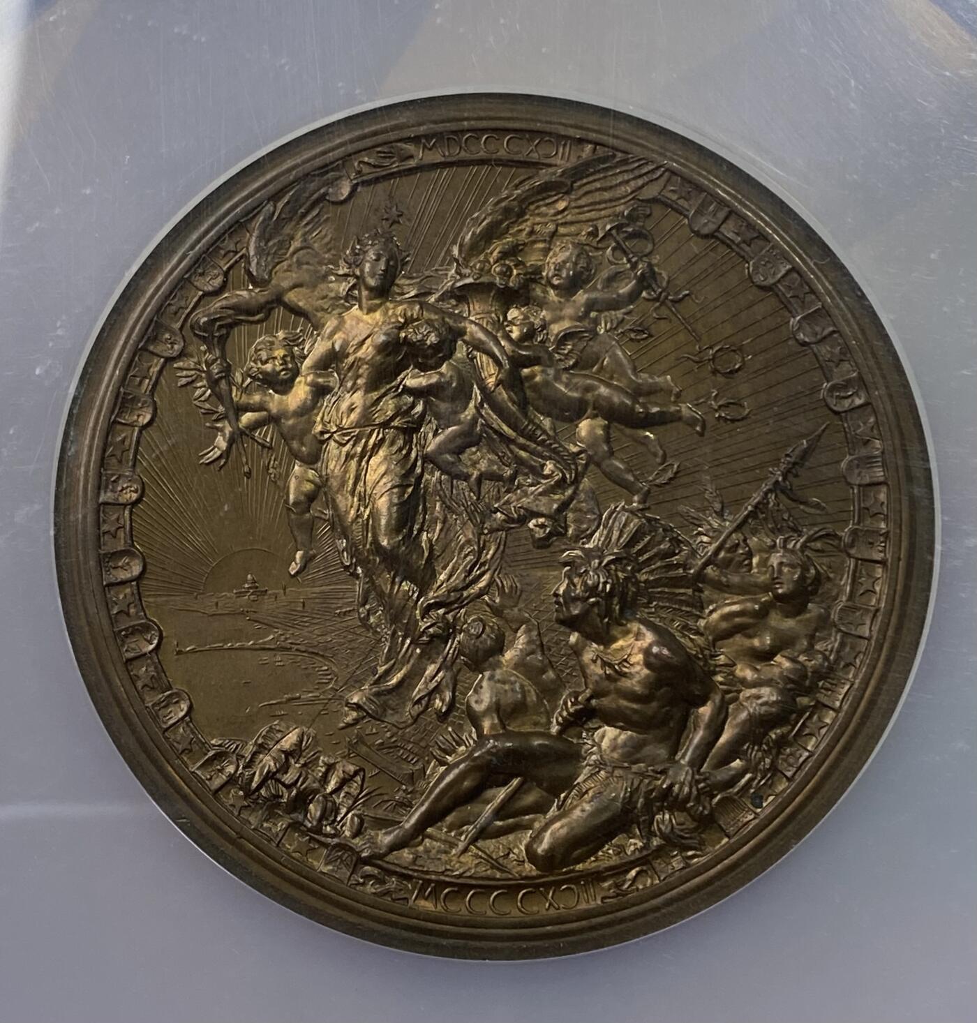 万国钱币拍卖第035期（金银流霞●万国秋季大拍） NGC MS64RB 1893年美国哥伦比亚世界博览会哥伦布发现新大陆纪念大铜章 59MM 94.3G 经典设计的卓越铜章 被认为是哥伦布奖章中最好的品类之一