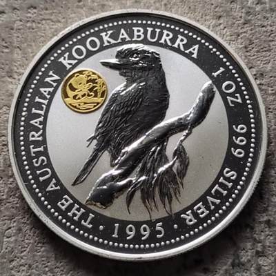 0起1加再包邮-纯粹捡漏拍-364套币银币场 - 【镶嵌金】澳大利亚1995年1元翠鸟1盎司999纯银镶嵌熊猫0.5克纯金克朗型纪念银币