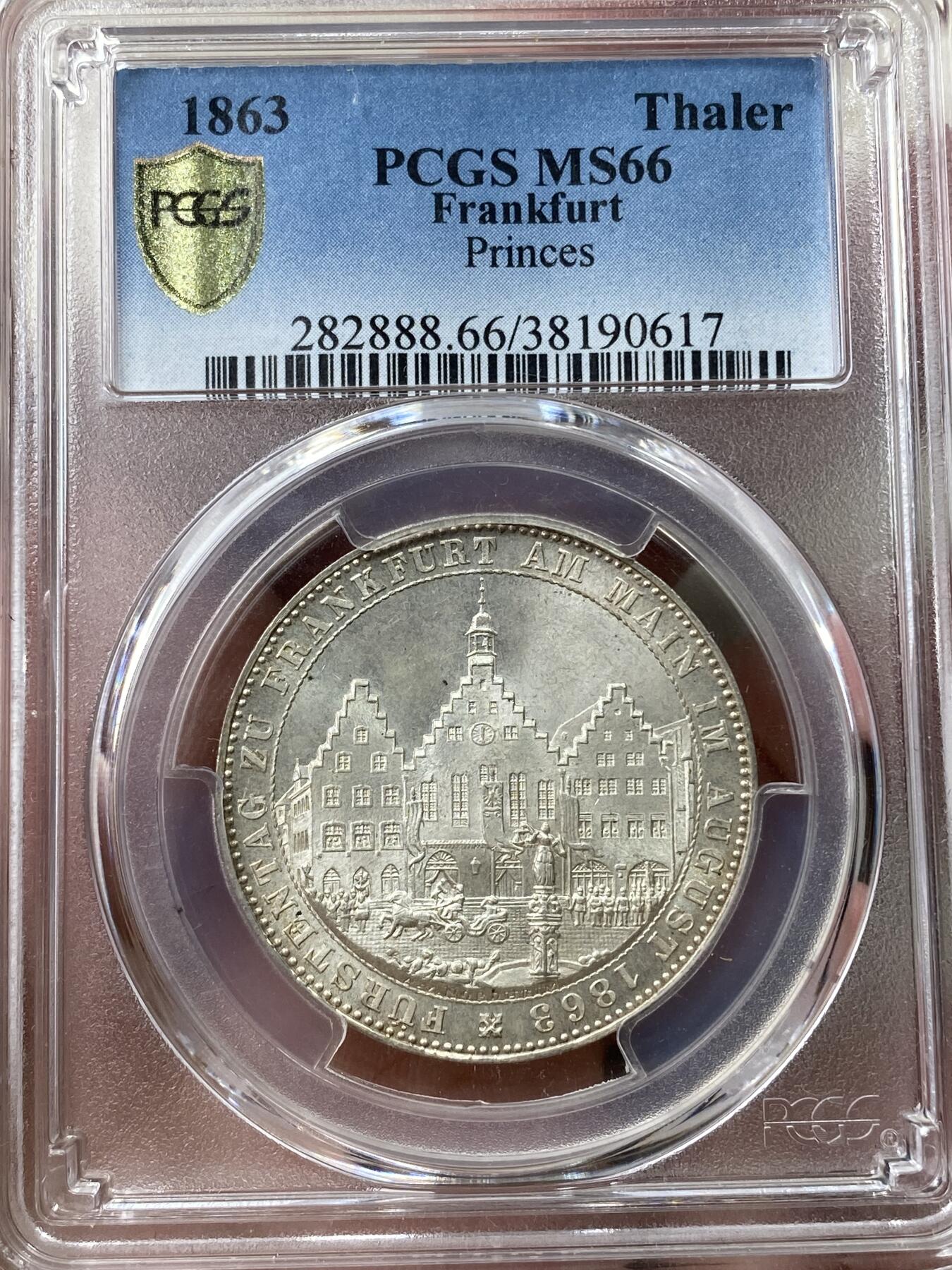 万国钱币拍卖第035期（金银流霞●万国秋季大拍） PCGS MS66 1863年德国法兰克福王子会议纪念流通1泰勒 德系经典品种，到66分的难度已经是另一个世界，原味淡彩，丝滑转光，肉眼几乎无暇的品质。