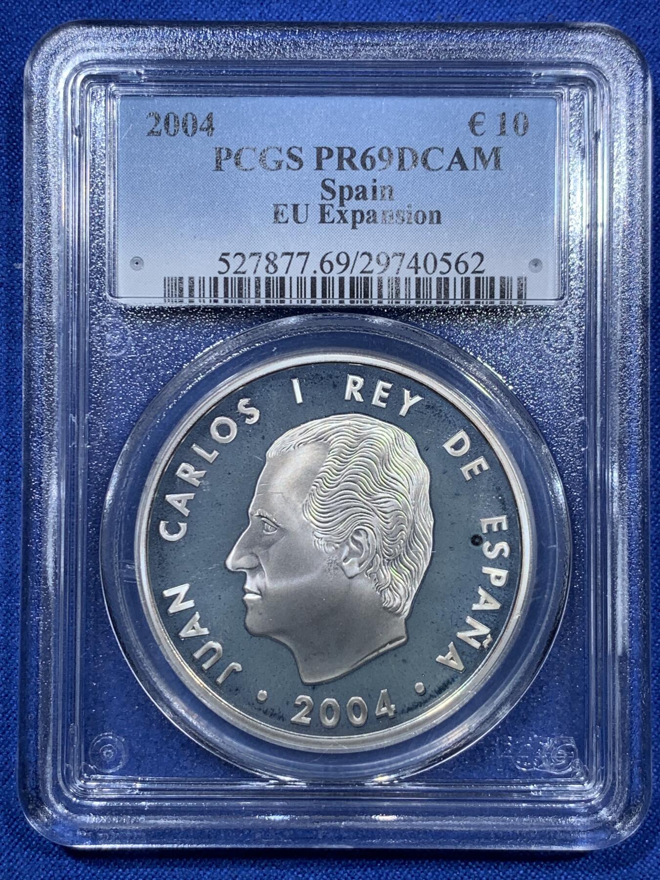 《竞宝斋》第312场 周日，周一 2场连拍 （全场包邮） PCGS PR69DCAM 西班牙2004年胡安·卡洛斯一世（欧盟扩大）10欧大银币