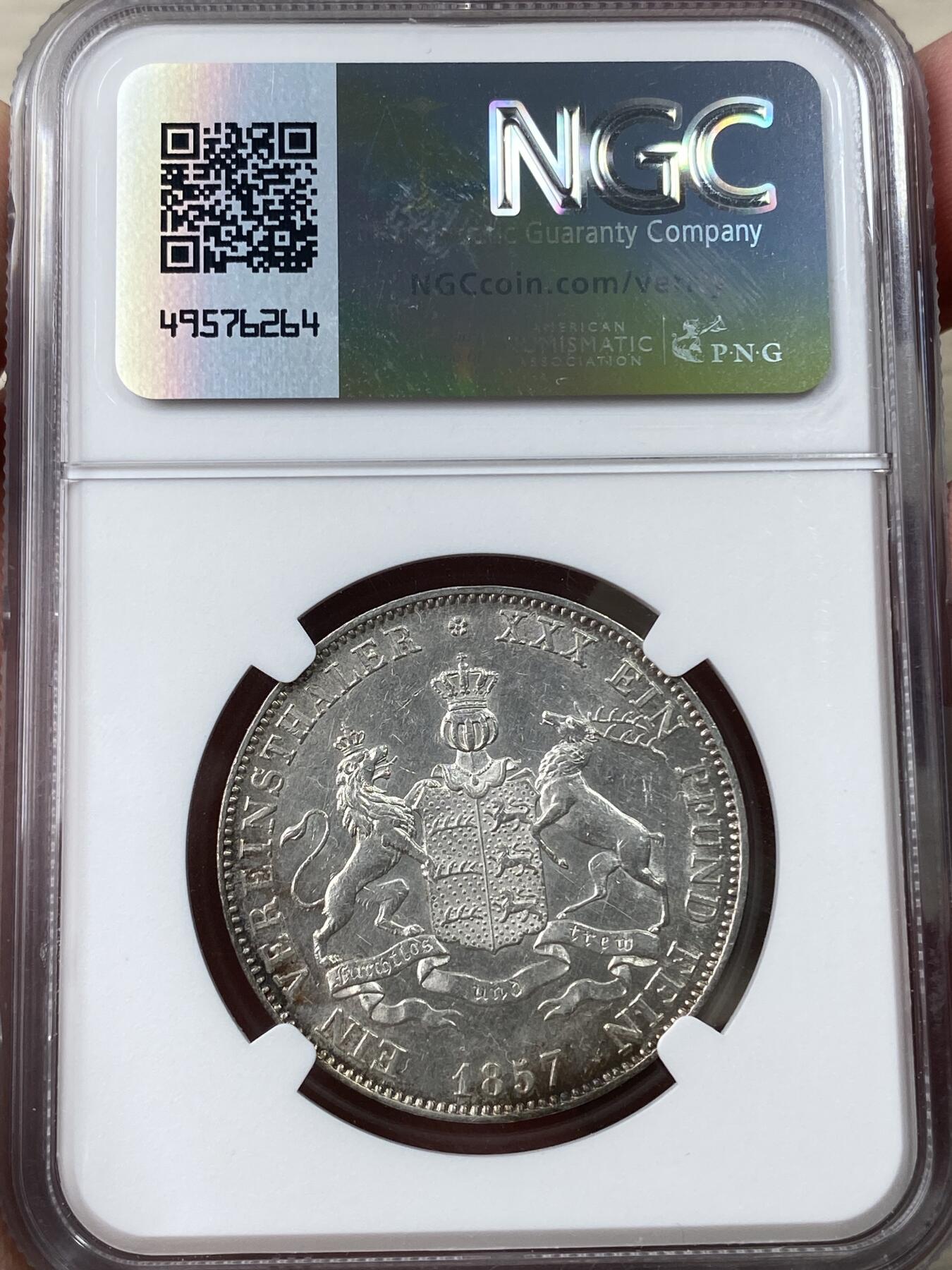 万国钱币拍卖第035期（金银流霞●万国秋季大拍） NGC AU58 1857符腾堡狮鹿纹章泰勒 好品难得的流通品种