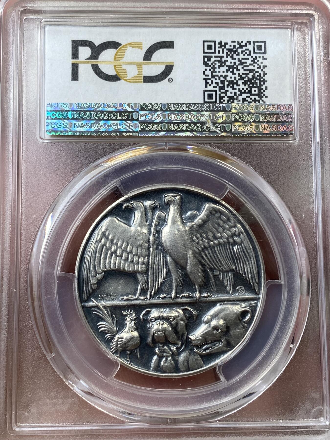 万国钱币拍卖第035期（金银流霞●万国秋季大拍） PCGS SP61 1914年德国一战开战纪念银章 非常有意思的形象化双鹰为德奥 鸡狗熊为法英俄 名誉品种