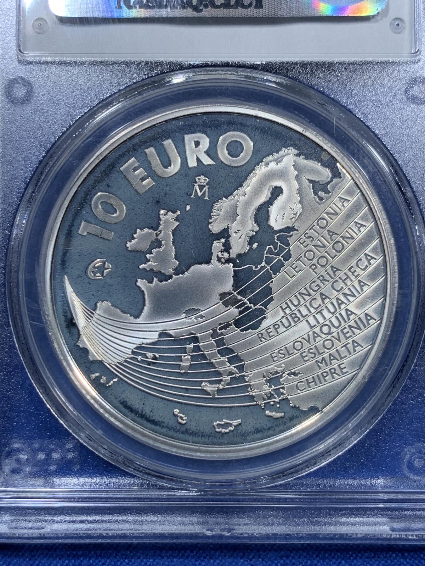 《竞宝斋》第312场 周日，周一 2场连拍 （全场包邮） PCGS PR69DCAM 西班牙2004年胡安·卡洛斯一世（欧盟扩大）10欧大银币