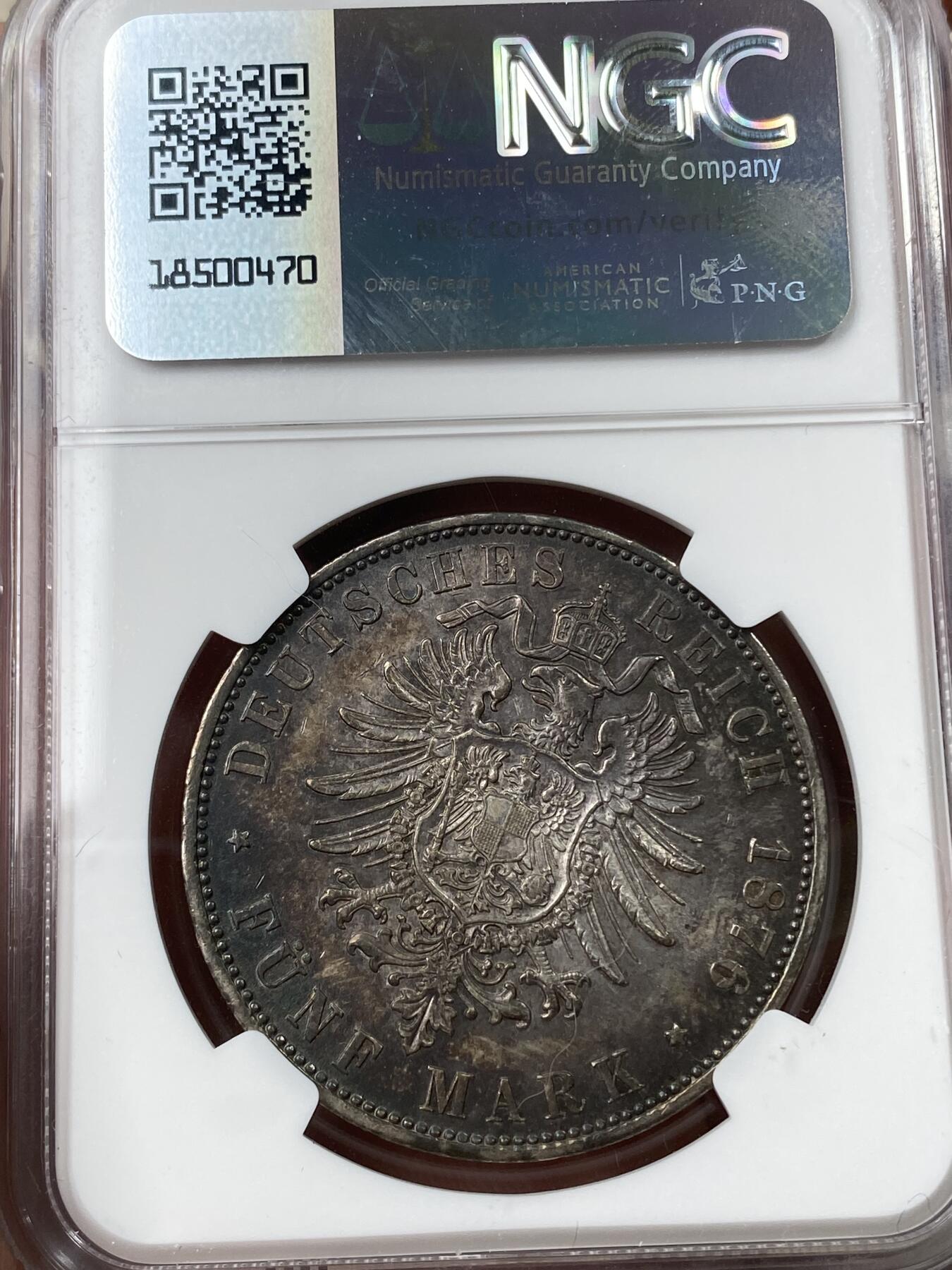 万国钱币拍卖第035期（金银流霞●万国秋季大拍） NGC MS62 1876年德国巴伐利亚路德维希二世短翅5马克 原味欧洲酱黑彩 搭配拜仁疯王短翅可谓非常难得 有轻微背逆罕见