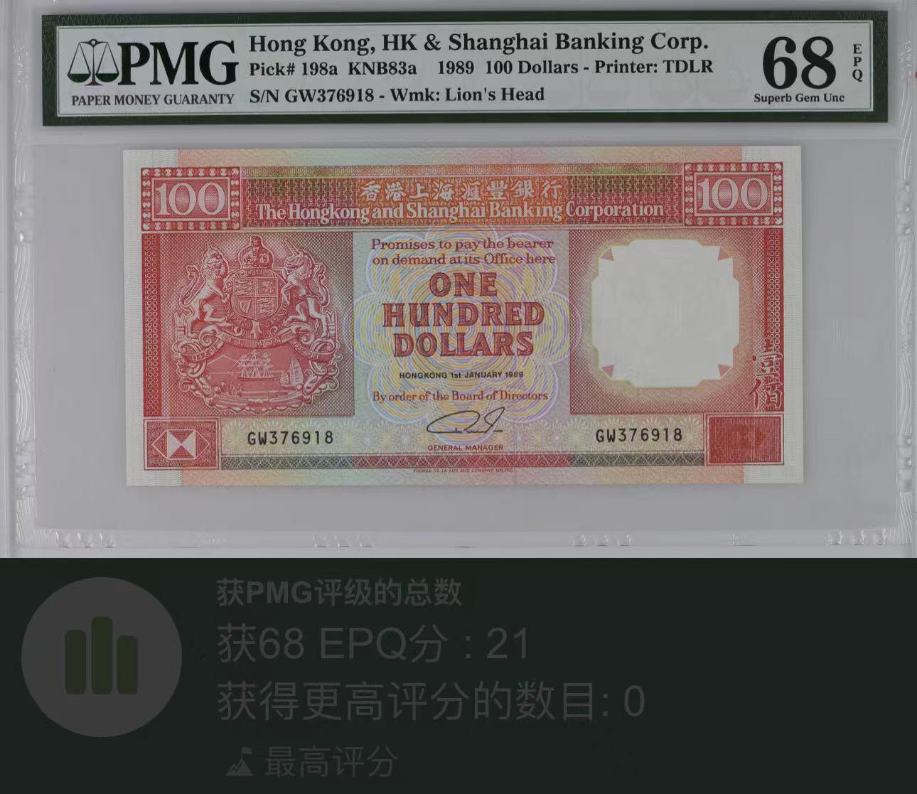 《外钞收藏家》第四百二十一期 PMG68 汇丰100元 1989年 无4 尾8 冠军分