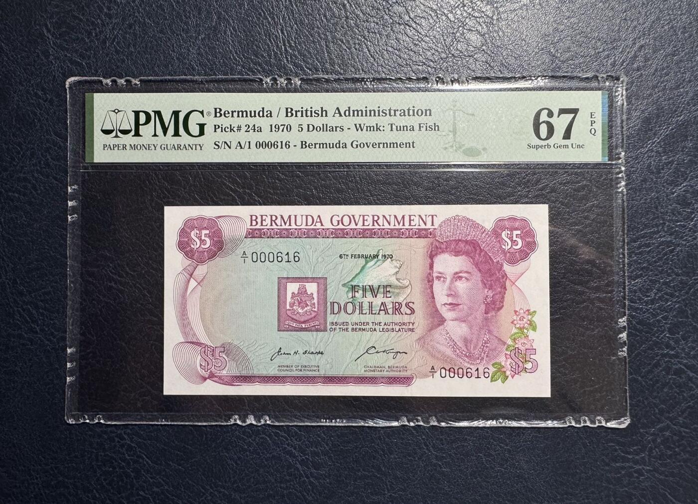 收藏联盟Quantum Auction 第380期拍卖  百慕大1970年5元首发A/1冠百位号 PMG67 倒置号