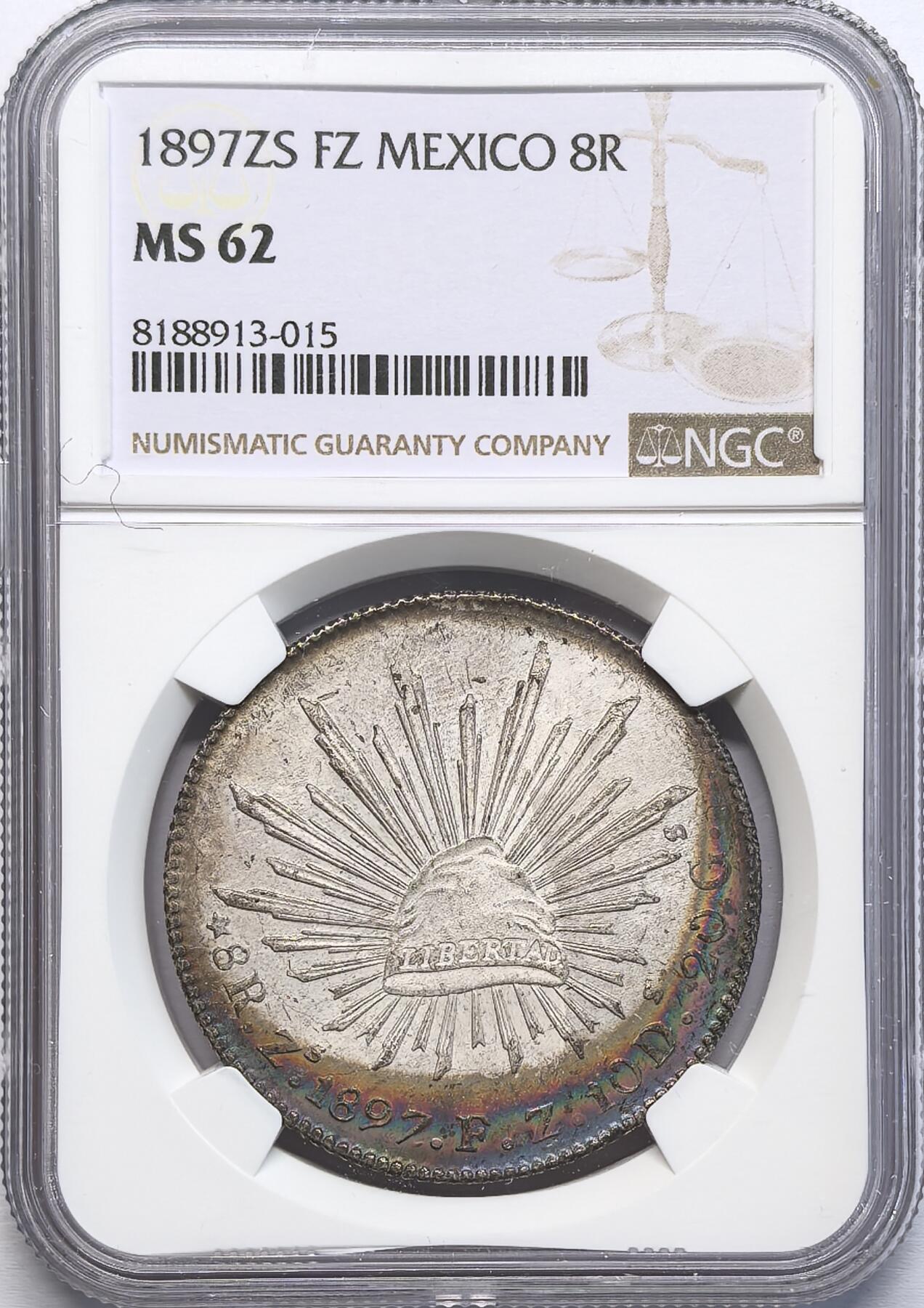 凡希社世界钱币第二百八十五期（秋季大拍②） 1897ZS墨西哥花边鹰洋NGC-MS62，月牙环彩！