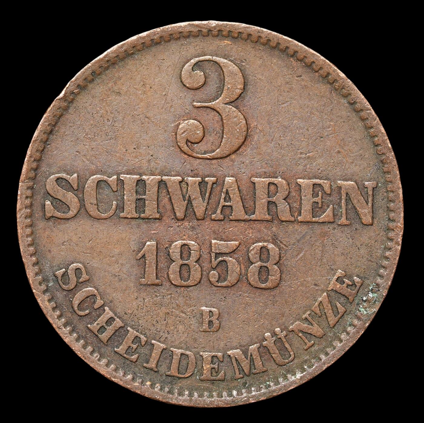 修遠堂世界钱币第四十一期 全场包邮 1858年奥尔登堡3 SCHWAREN铜币