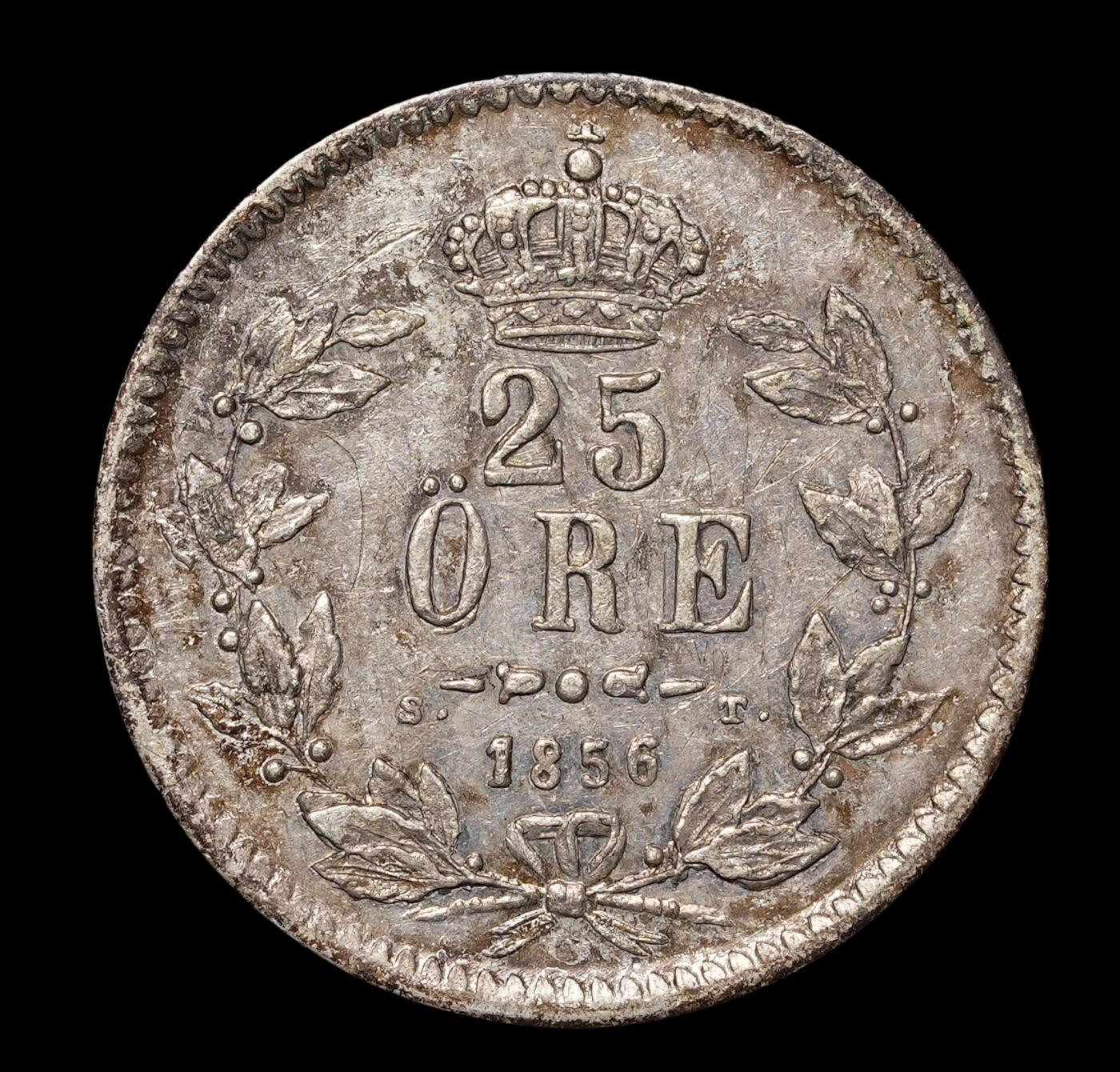修遠堂世界钱币第四十一期 全场包邮 1856年瑞典25欧尔小银币 2.14g
