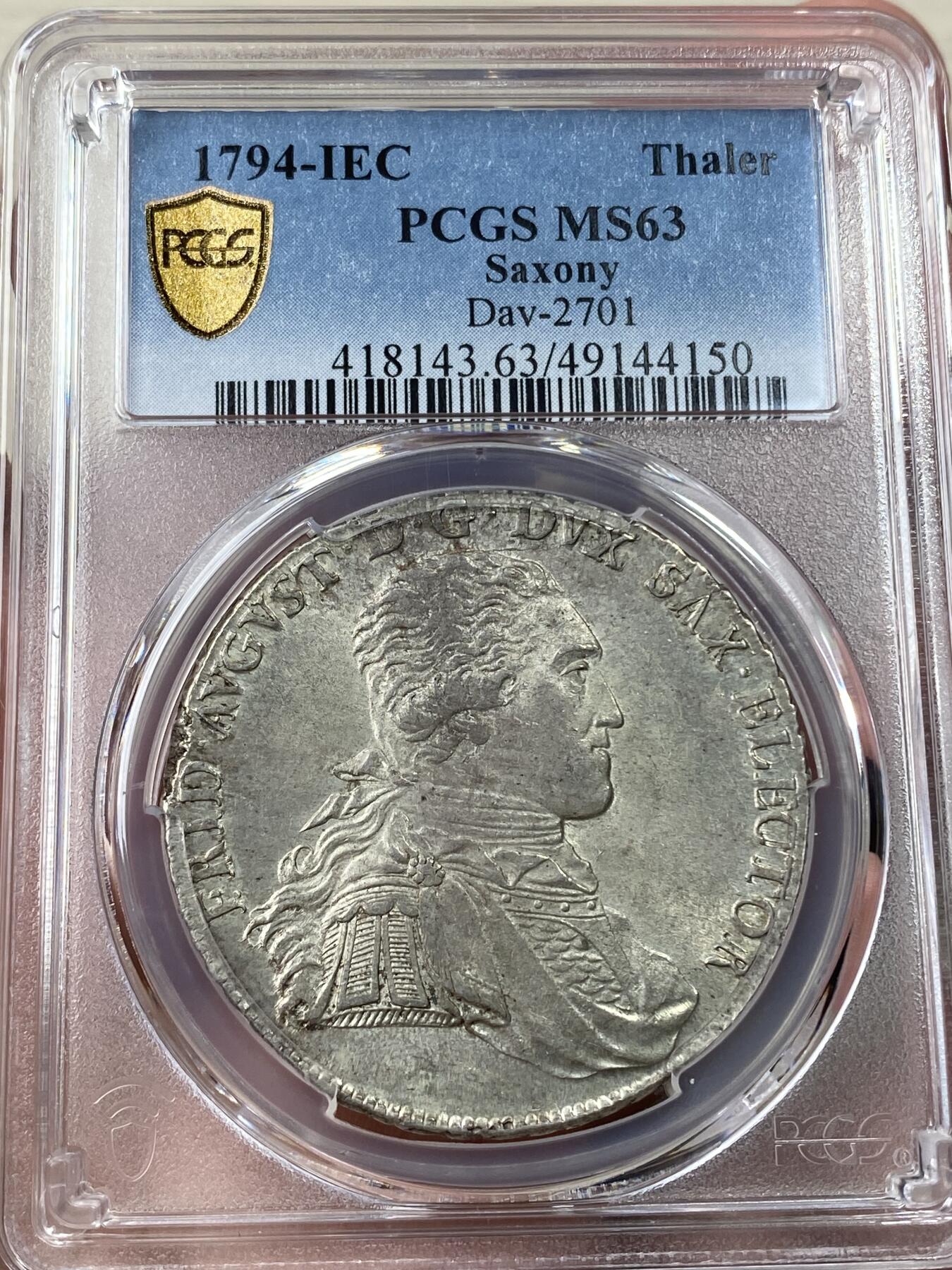 万国钱币拍卖第035期（金银流霞●万国秋季大拍） PCGS MS63 1794年德国萨克森IEC皇冠大泰勒 原味原光青金彩 完美币面无减重痕难得