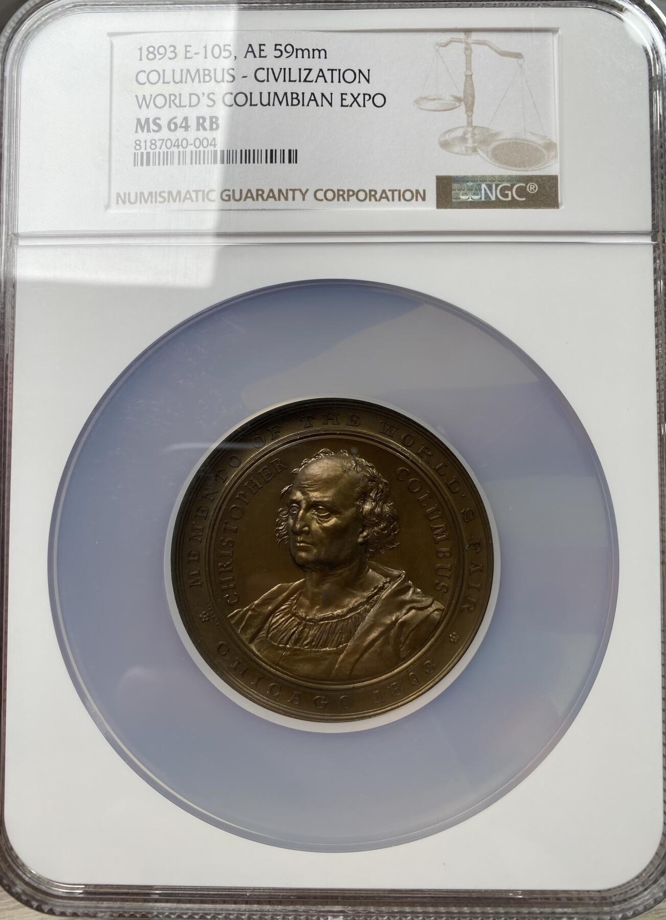 万国钱币拍卖第035期（金银流霞●万国秋季大拍） NGC MS64RB 1893年美国哥伦比亚世界博览会哥伦布发现新大陆纪念大铜章 59MM 94.3G 经典设计的卓越铜章 被认为是哥伦布奖章中最好的品类之一