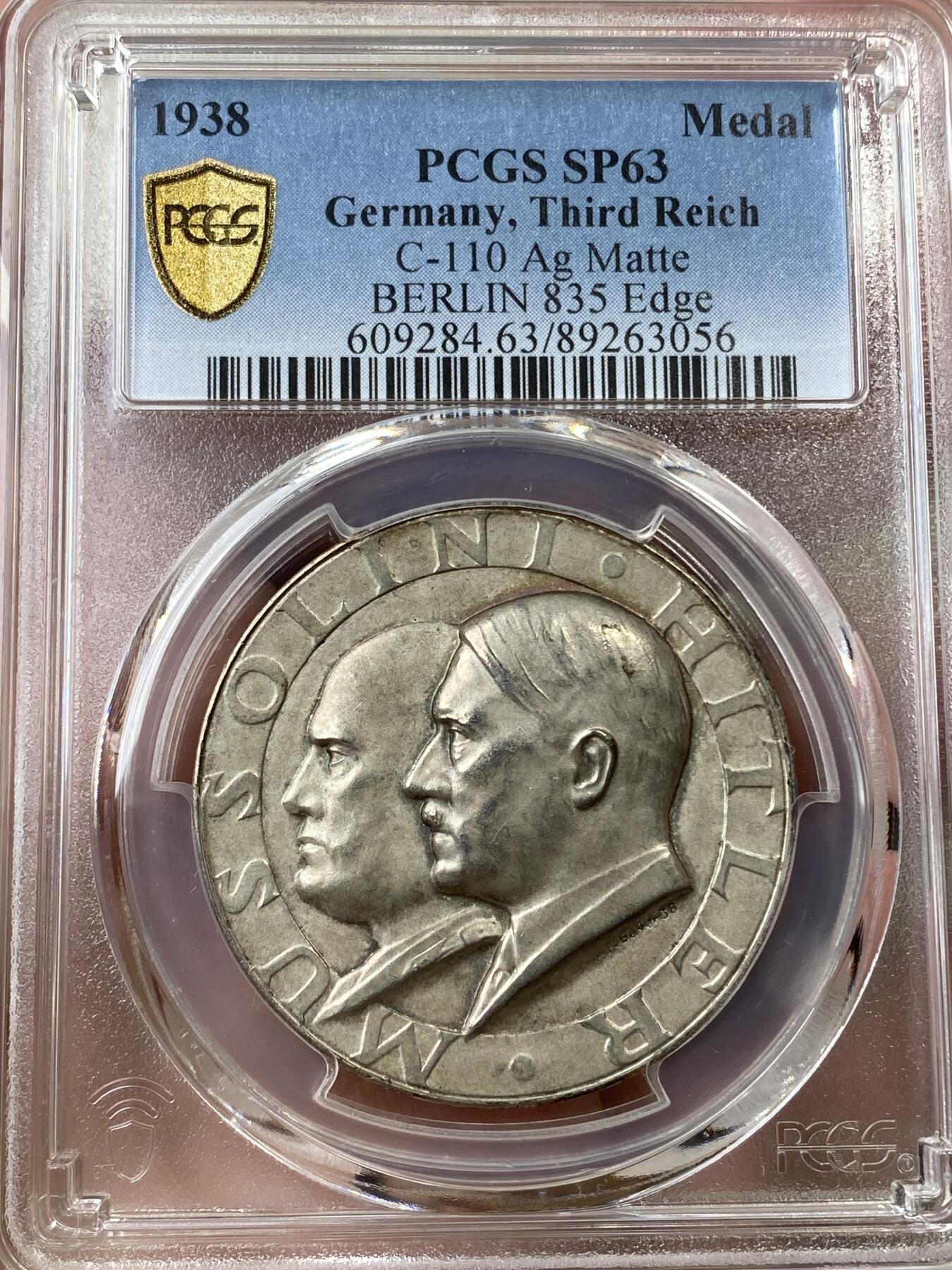 万国钱币拍卖第035期（金银流霞●万国秋季大拍） PCGS SP63 1938年德国民族社会工人党党魁和墨索里尼互访首都纪念银章 原味磨砂 顶级品相(原图请自行查询官网或私信后台）