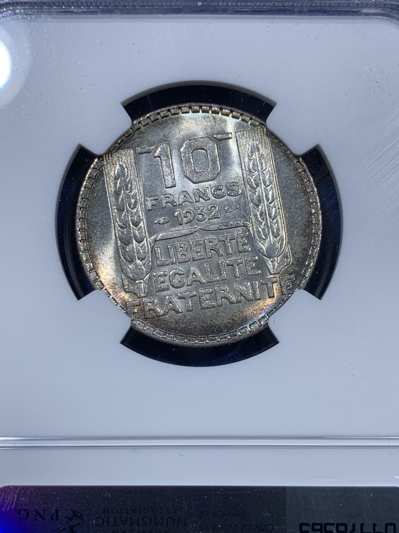 《竞宝斋》第312场 周日，周一 2场连拍 （全场包邮） NGC MS64 法国1932年谷物女神10法郎银币
