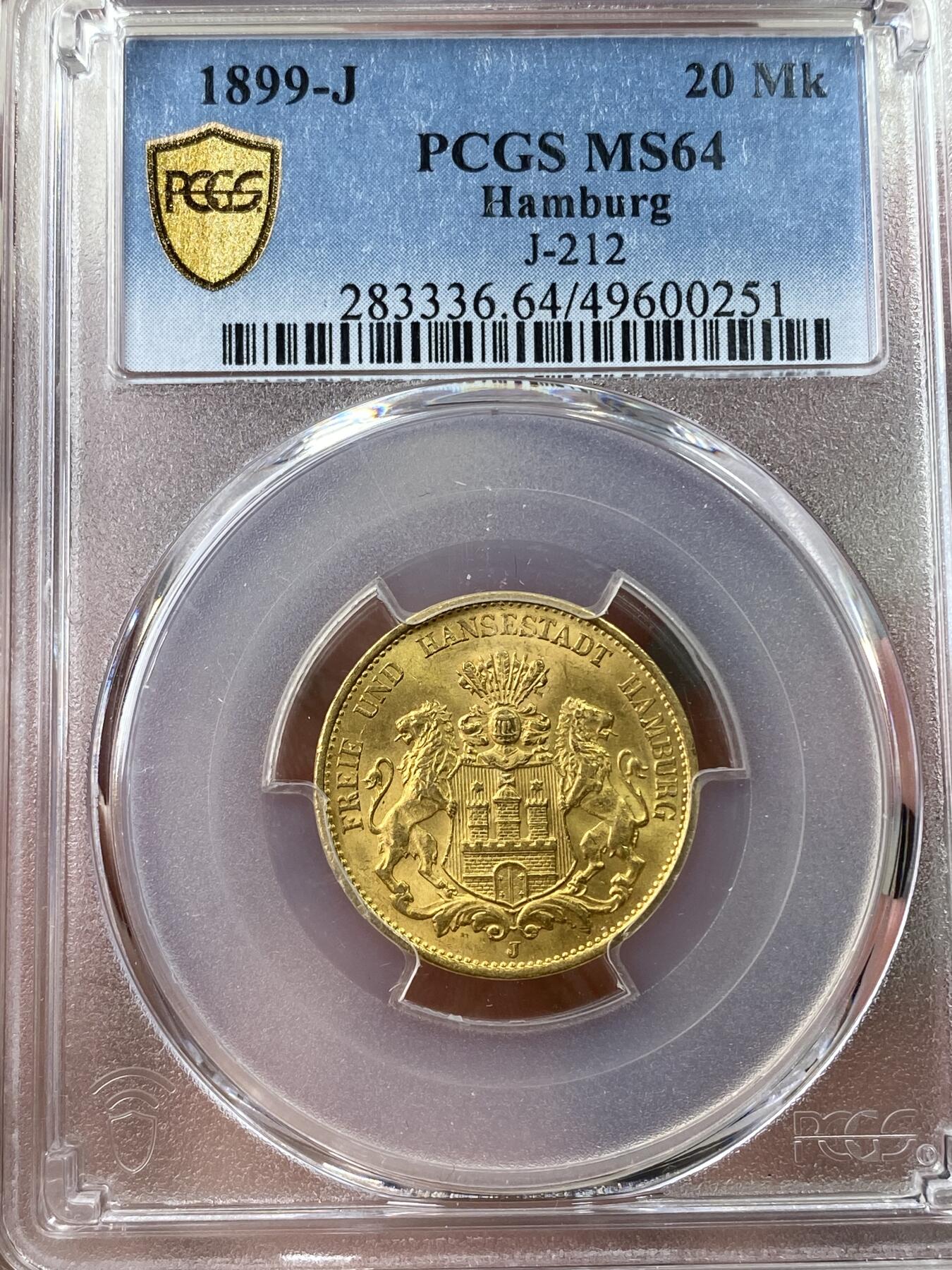 万国钱币拍卖第035期（金银流霞●万国秋季大拍） PCGS MS64 1899年德国汉堡早期长翅20马克金币 除1913外所有汉堡长翅20马克的高分都有相当大的难度，原味深打，丝绸转光，无限接近出厂状态，PC更高分仅2枚，7.98g，900金。