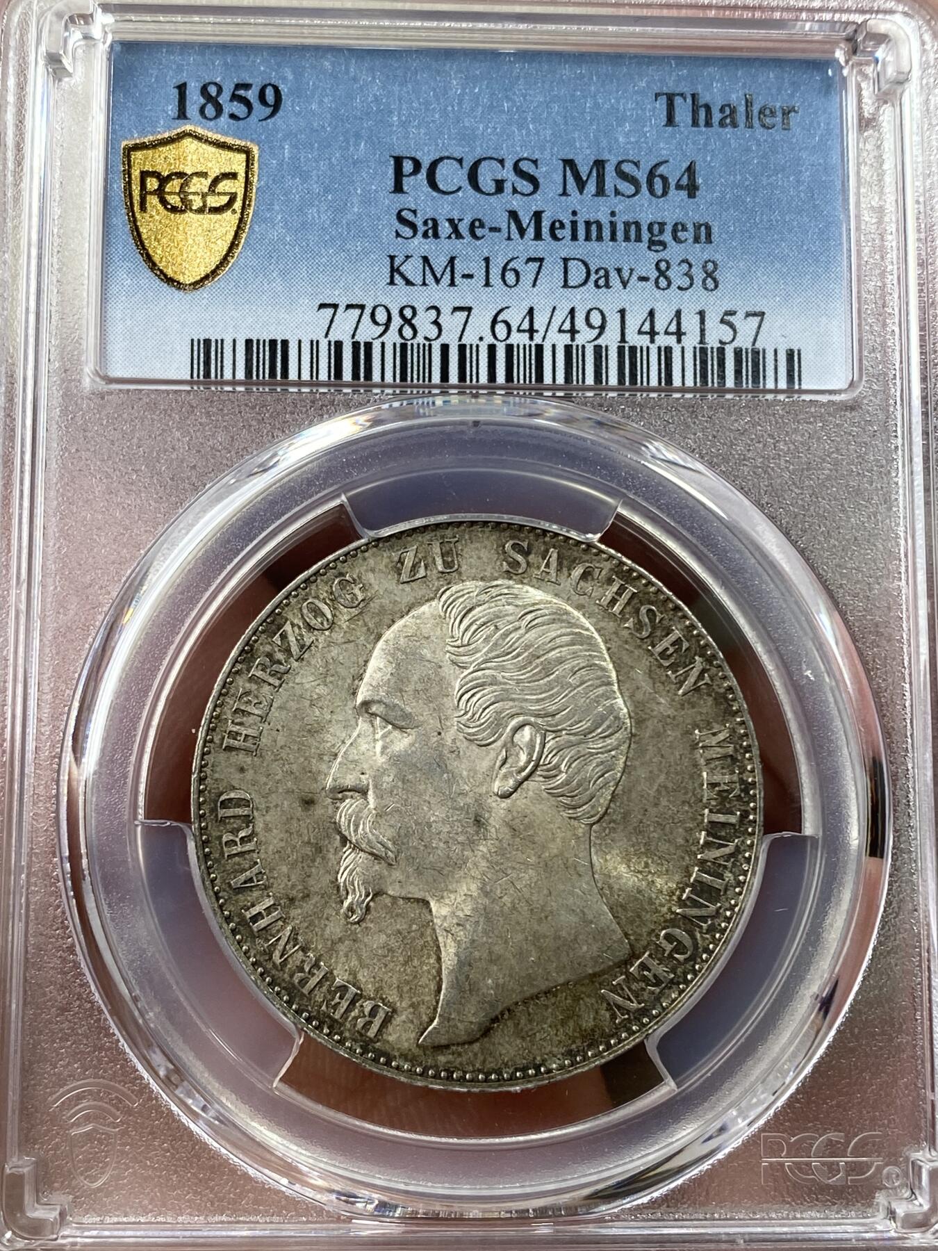 万国钱币拍卖第035期（金银流霞●万国秋季大拍） PCGS MS64 1859年德国萨克森-梅宁根大窗帘盾徽流通1泰勒 小邦中的极难品种，原味深打，五彩转光，PC冠军分。