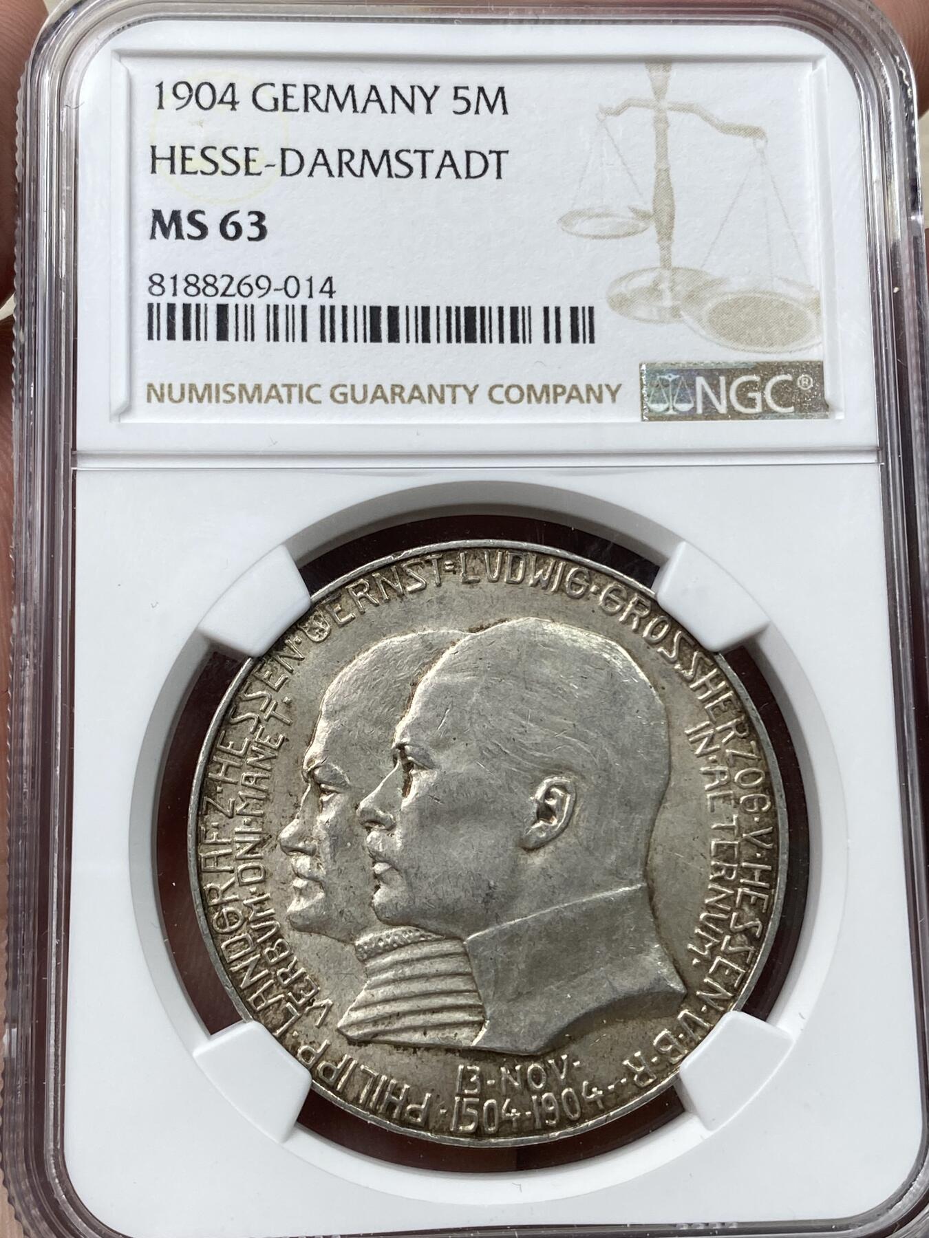 万国钱币拍卖第035期（金银流霞●万国秋季大拍） NGC MS63 1904年德国黑森-达姆施塔特400周年纪念流通5马克 小邦品种 原味转光