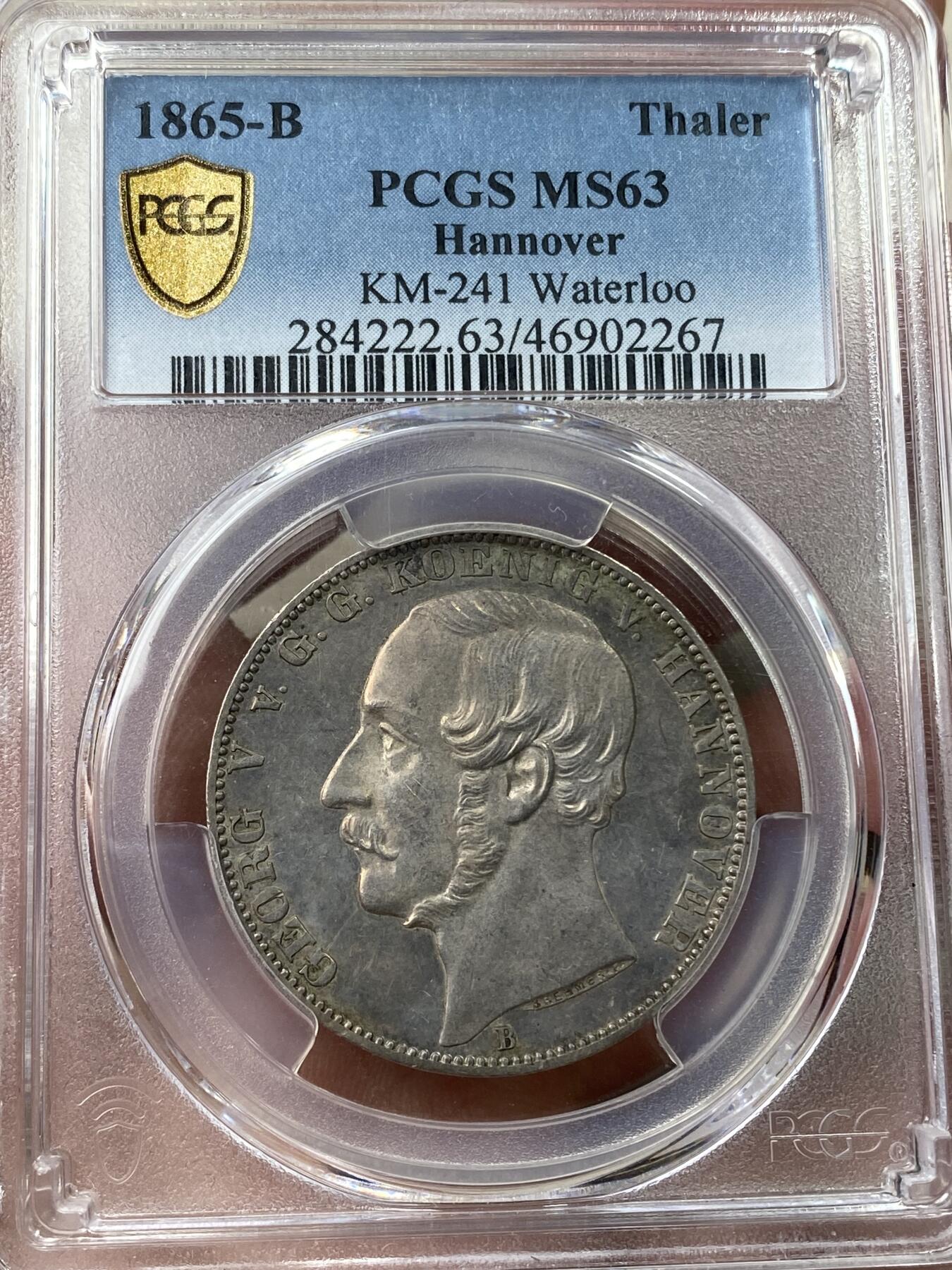 万国钱币拍卖第035期（金银流霞●万国秋季大拍） PCGS MS63 1865年德国汉诺威乔治五世滑铁卢1泰勒 原味青金彩
