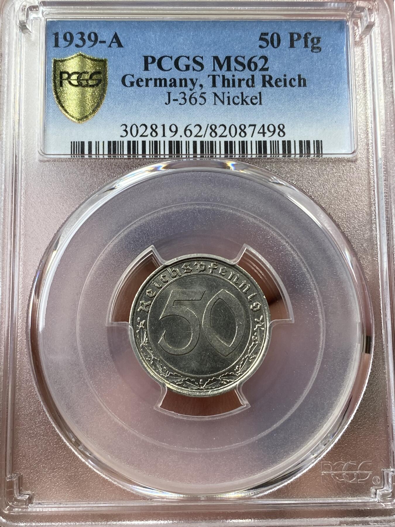 万国钱币拍卖第035期（金银流霞●万国秋季大拍） PCGS MS62 1939年A德国三帝国50芬尼镍币 原光状态