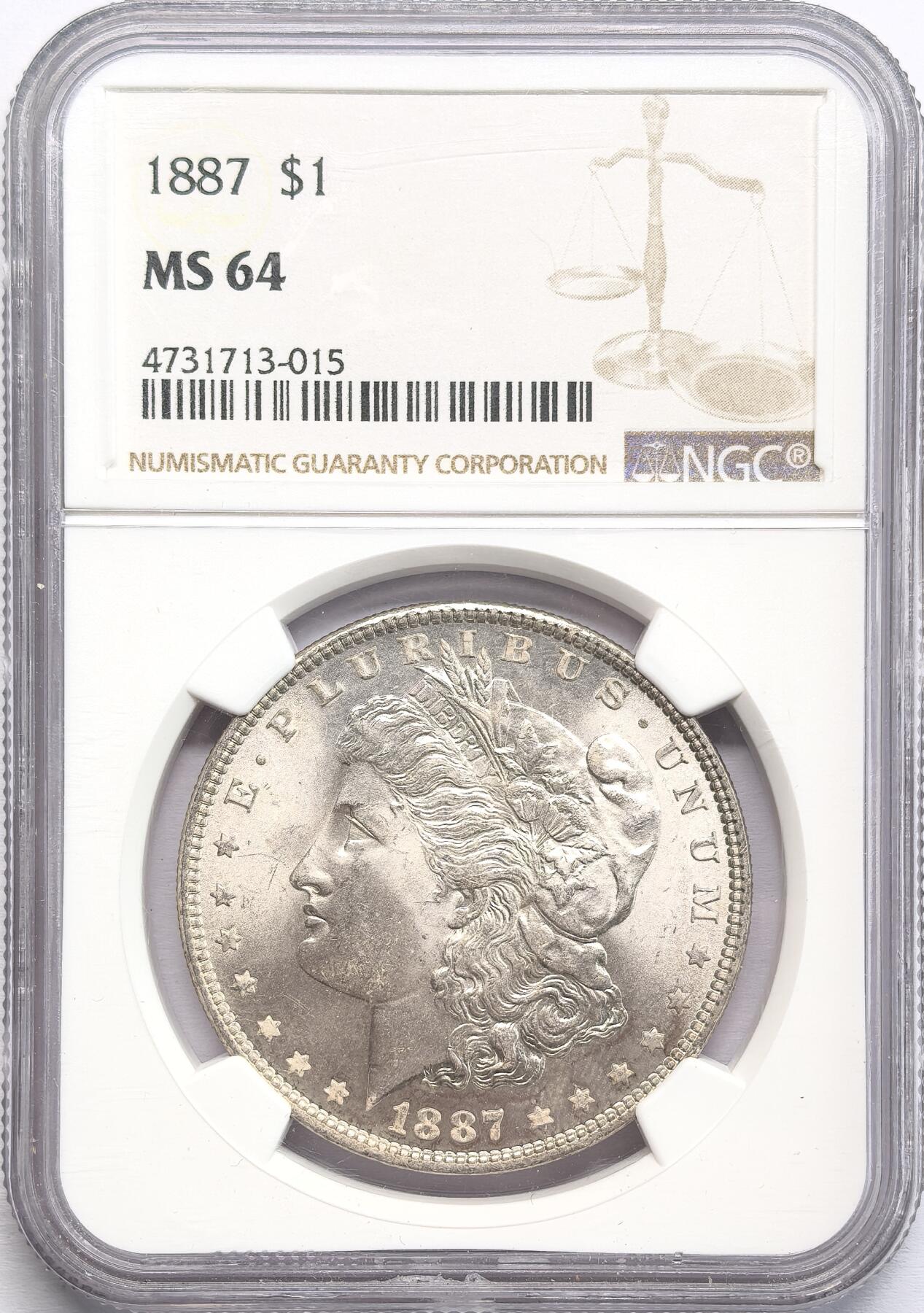凡希社世界钱币第二百八十五期（秋季大拍②） 1887美国摩根壹元NGC-MS64，霜面车轮转光。