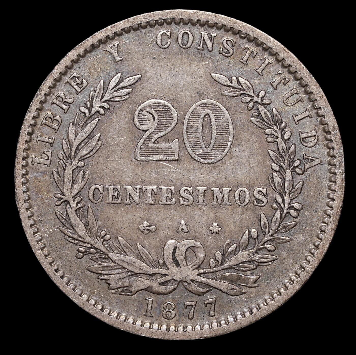修遠堂世界钱币第四十一期 全场包邮 1877年乌拉圭20分银币 4.85g，含银90%