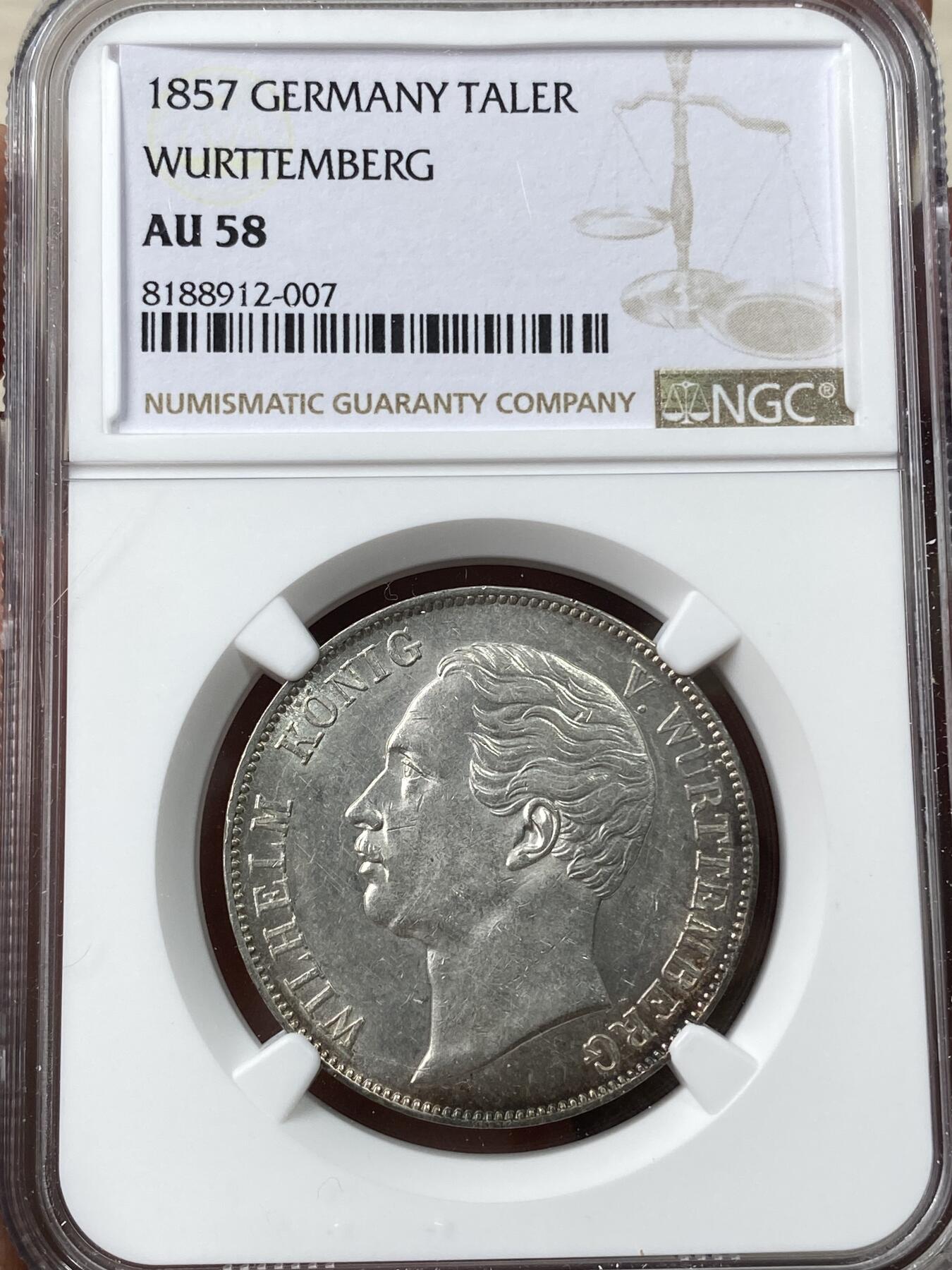 万国钱币拍卖第035期（金银流霞●万国秋季大拍） NGC AU58 1857符腾堡狮鹿纹章泰勒 好品难得的流通品种