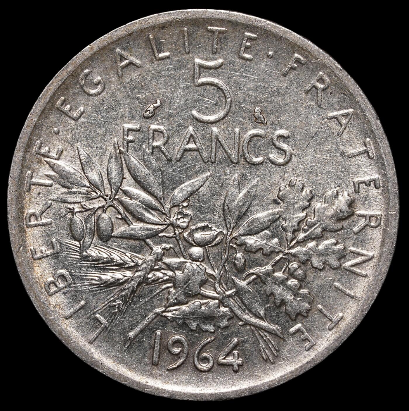 修遠堂世界钱币第四十一期 全场包邮 1964年法国5法郎银币 12g，含银83.5%