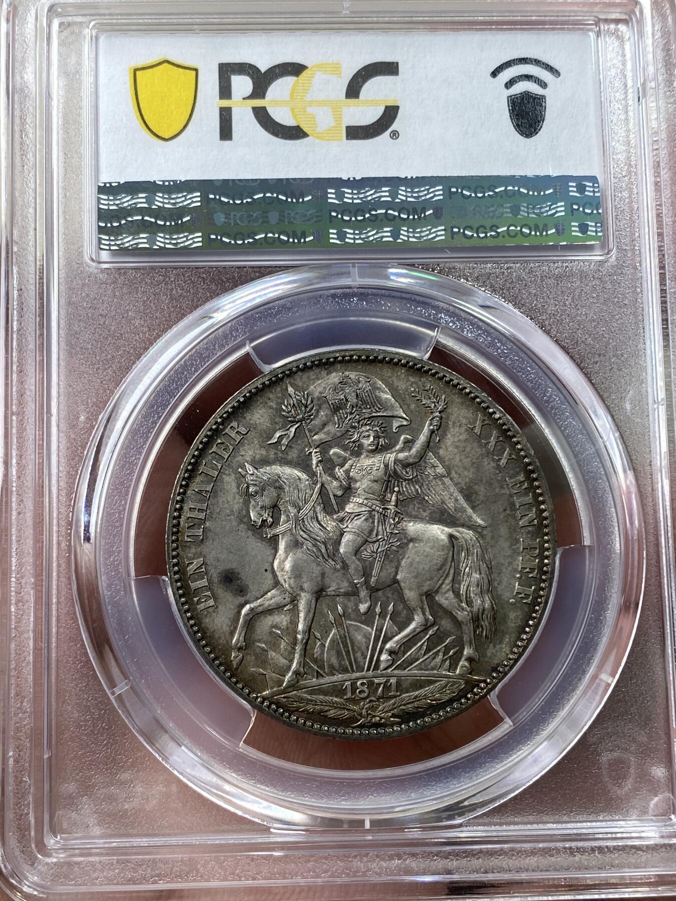万国钱币拍卖第035期（金银流霞●万国秋季大拍） PCGS MS64 1871年德国萨克森普法战争胜利纪念流通1泰勒 原味欧洲七彩包浆 极具视觉享受