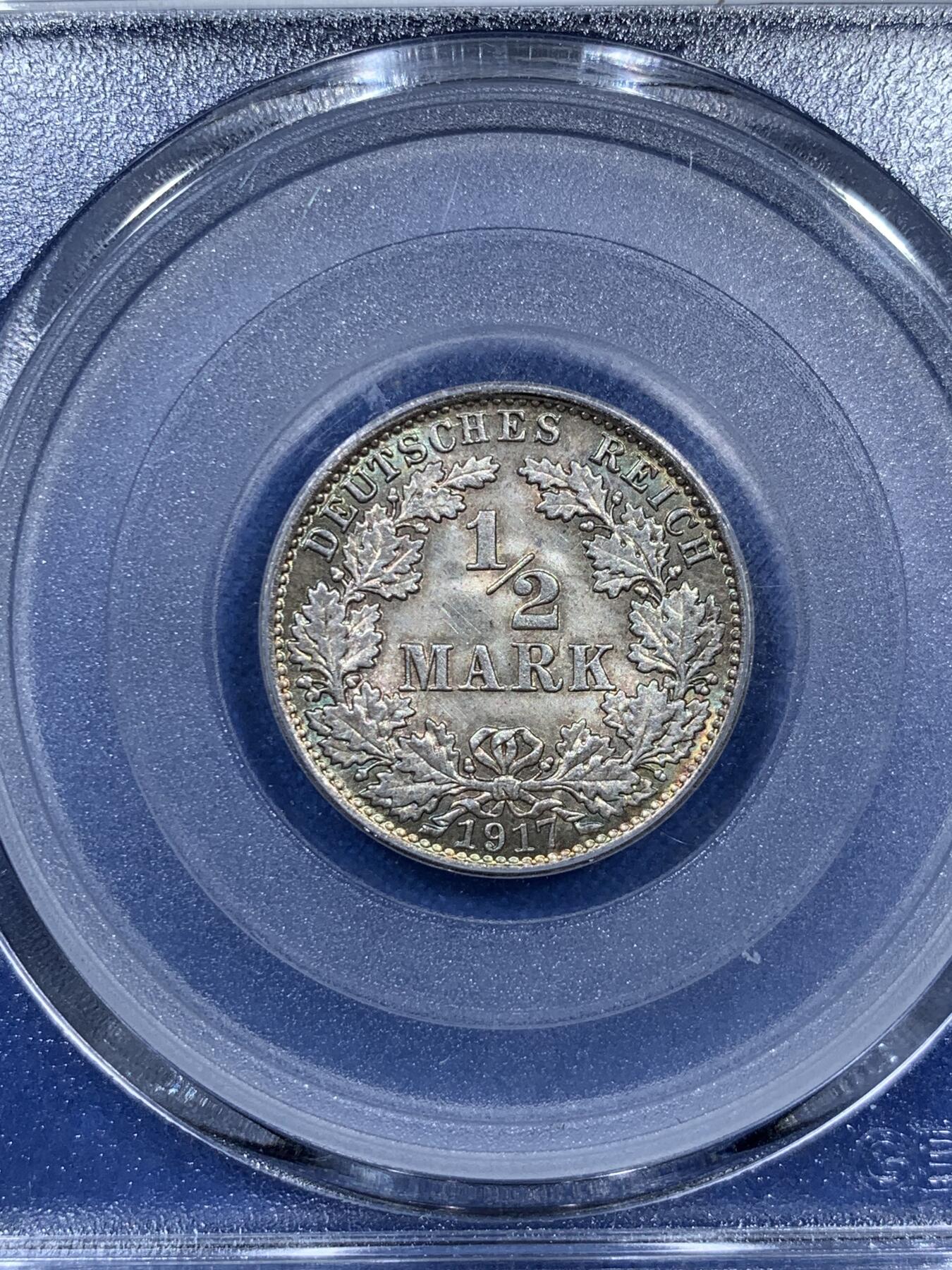 《竞宝斋》第312场 周日，周一 2场连拍 （全场包邮） 公博 MS65 德国 1917年1/2马克银币 分数公道 环彩包浆