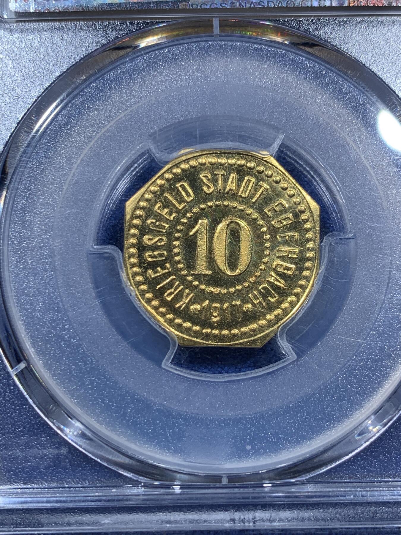 《竞宝斋》第312场 周日，周一 2场连拍 （全场包邮） 唯一冠军PCGS SP65 1917埃博巴赫野猪10芬尼紧急币金币，原铸的只有5枚，天价了，这个应该五六十年代铸造的，也是第一次见