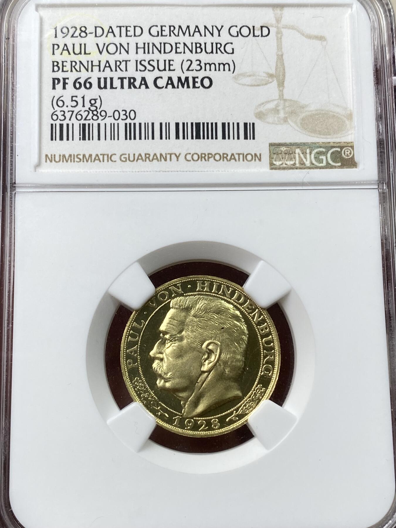 万国钱币拍卖第035期（金银流霞●万国秋季大拍） NGC PF66UC 1928年德国魏玛共和国兴登堡总统20马克金质币章 深度镜面精制 伯恩哈特倾力设计左脸版 NGC唯一冠军分