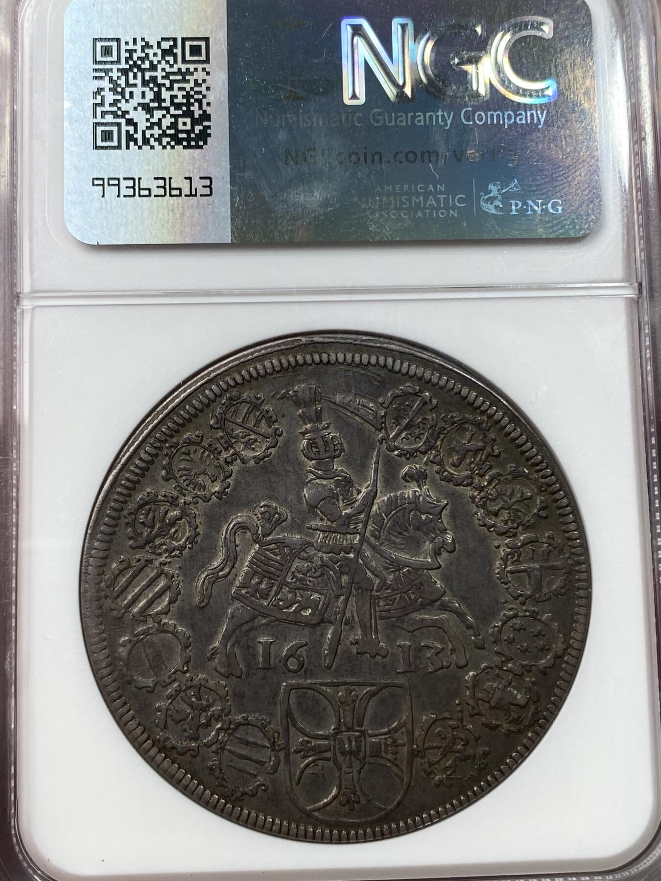 万国钱币拍卖第035期（金银流霞●万国秋季大拍） NGC VF35 1613/2年德国条顿骑士团大泰勒银币 名誉品种，仅一年发行，骑字更加难得，原味美品传世包浆。
